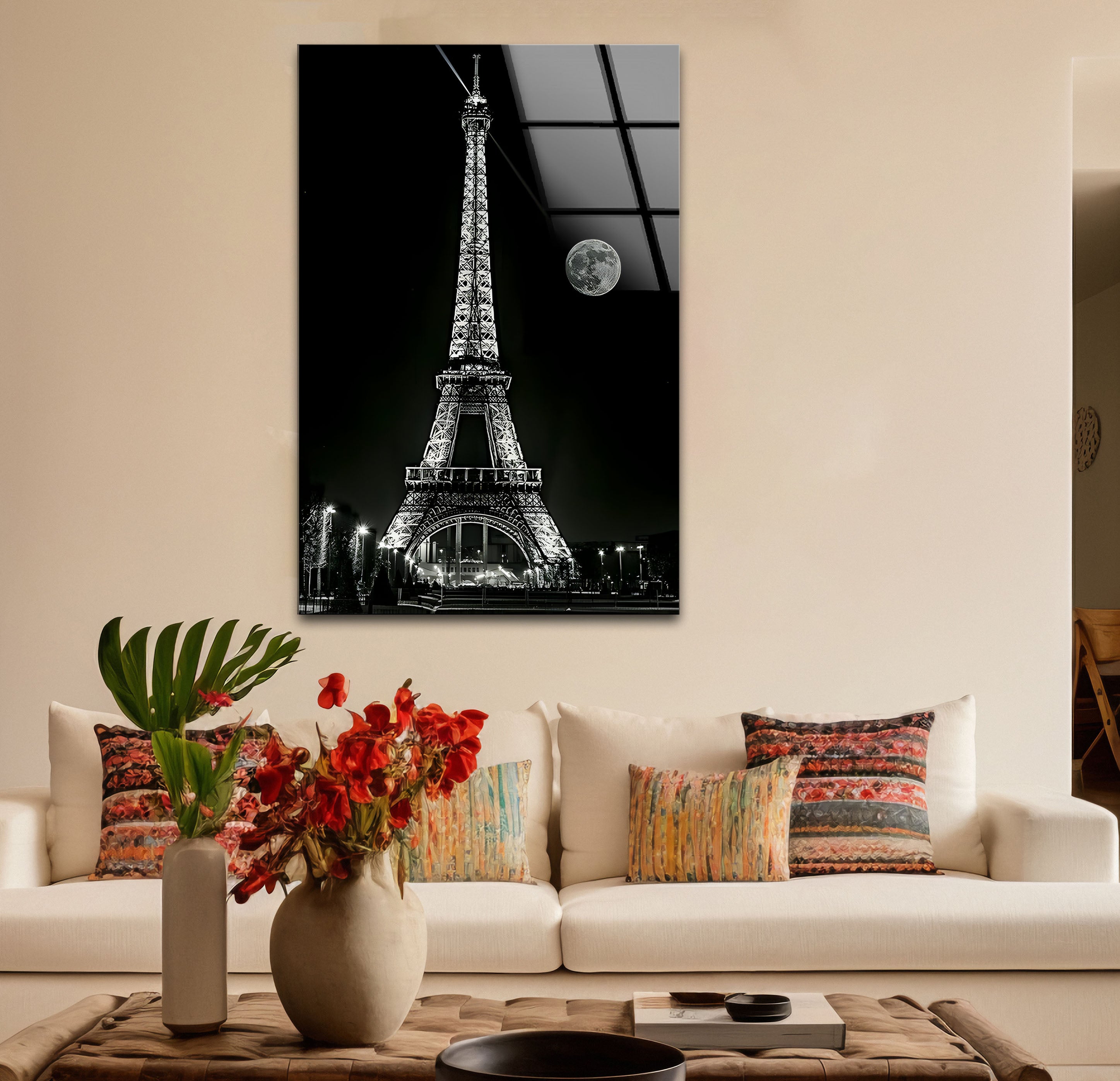 Elegant Black and White Eiffel Tower Glass Wall Art - Parisian Home Decor for Living Room, Bedroom & Office