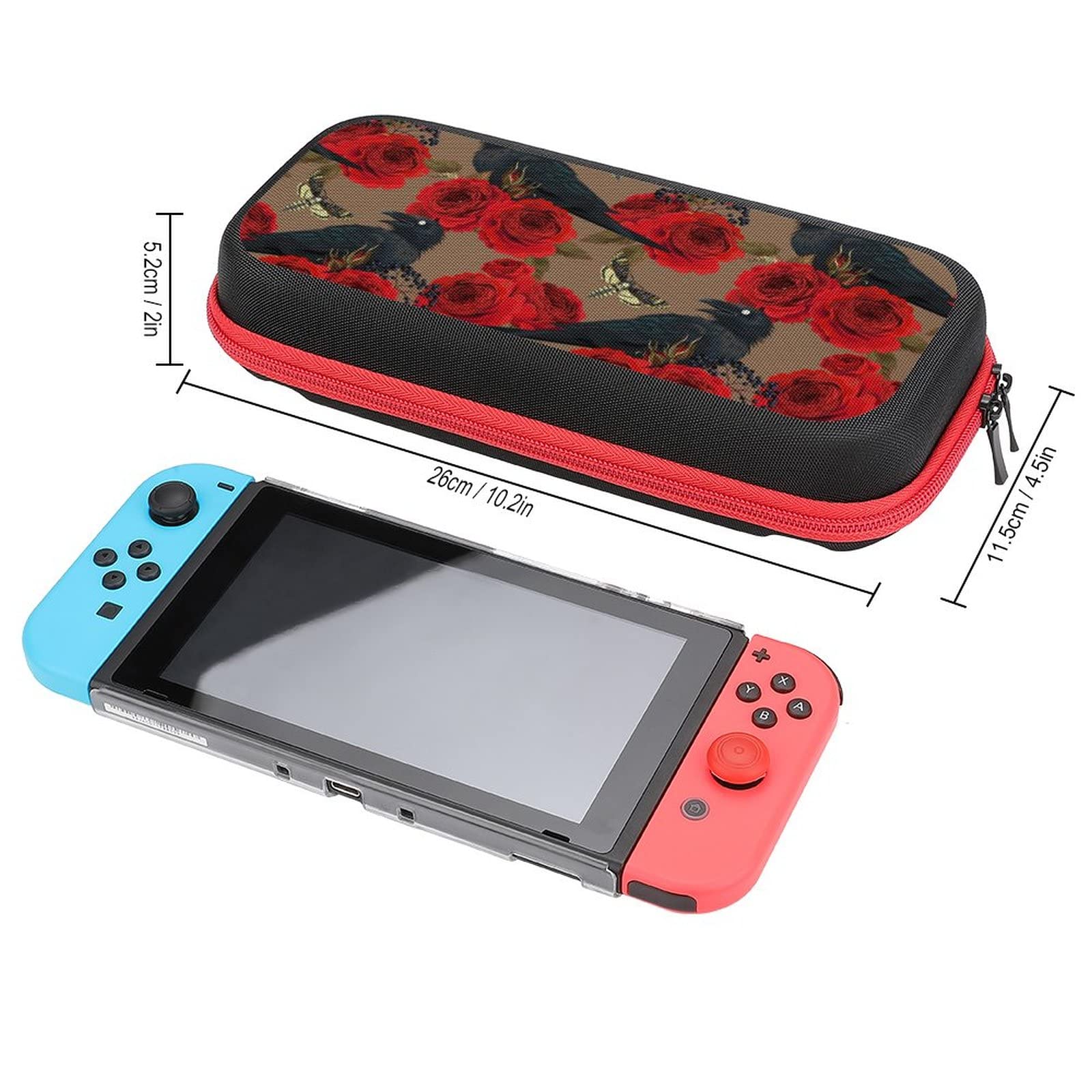 FunnyStar Raven Hawk Moths and Roses Carrying Case - Protective Shell Storage Handbag for Nintendo Switch - Perfect for Travel, Commuting & Gaming On-The-Go