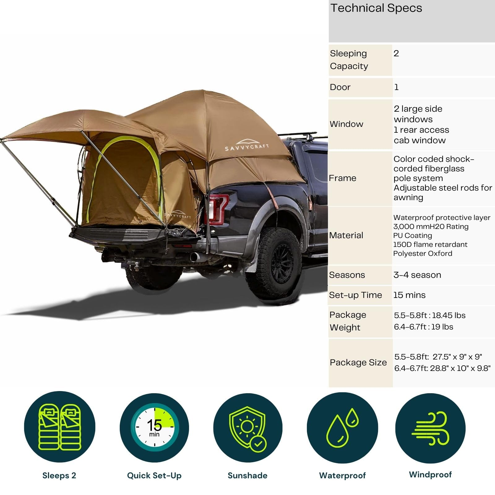 Savvycraft Waterproof Pickup Truck Tent for Full & Mid Size Trucks - P3000mm Double Layer 2-Person Camping Tent with Expandable Awning, Rainfly & Storage Bag - Perfect for Outdoor Adventures, Road Trips & Camping