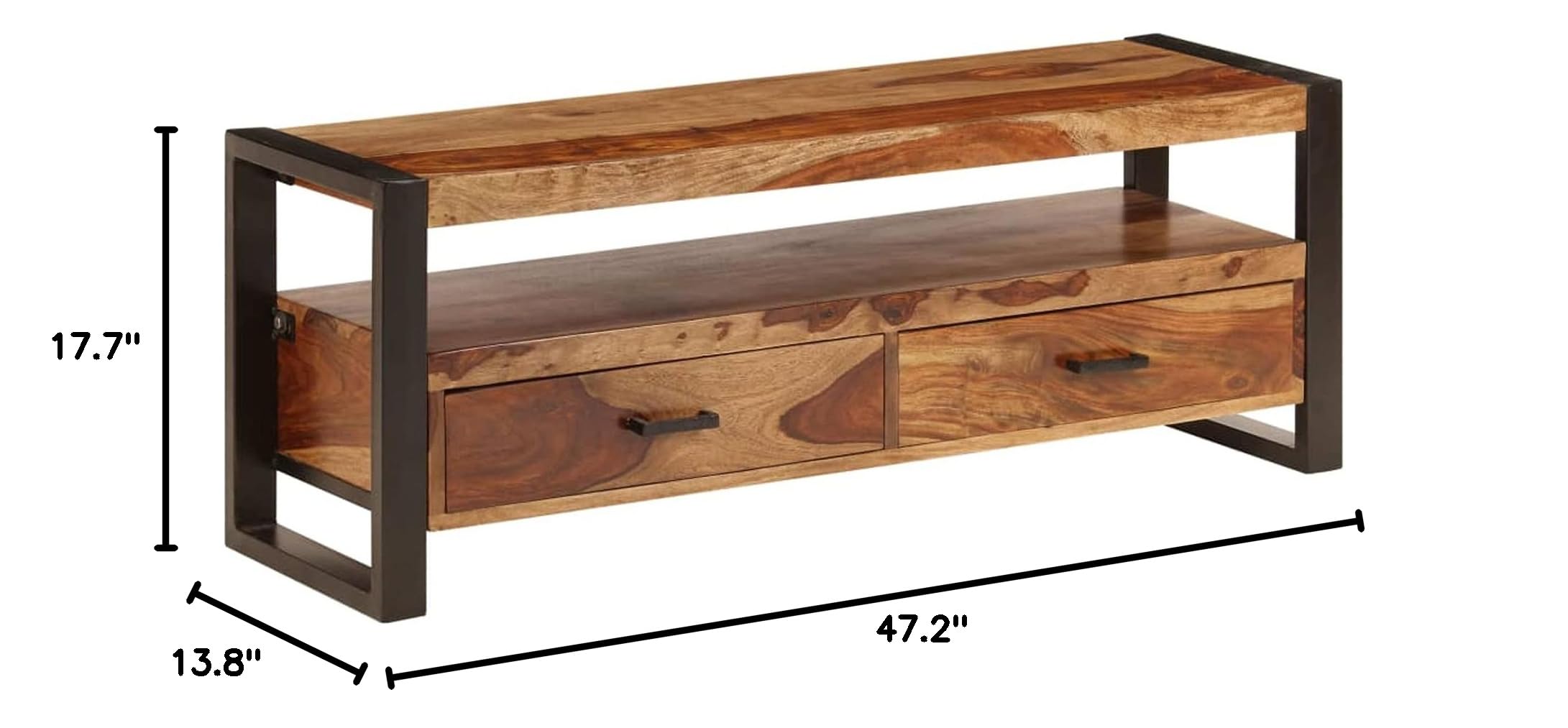 Premium Sheesham Wood TV Stand with Storage Drawers & Open Shelf - Modern TV Cabinet with Steel Legs, Sofa End Table - 47.2