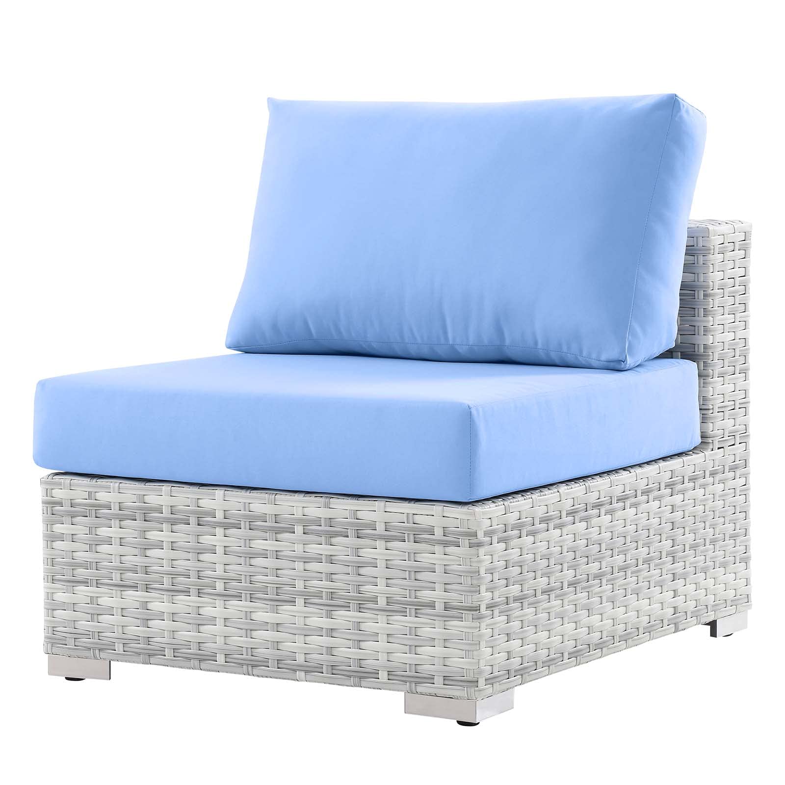 Modern Grey Rattan Wicker Lounge Chair with Light Blue Accents for Outdoor Patio, Balcony, Cafe, Bistro, and Garden Relaxation