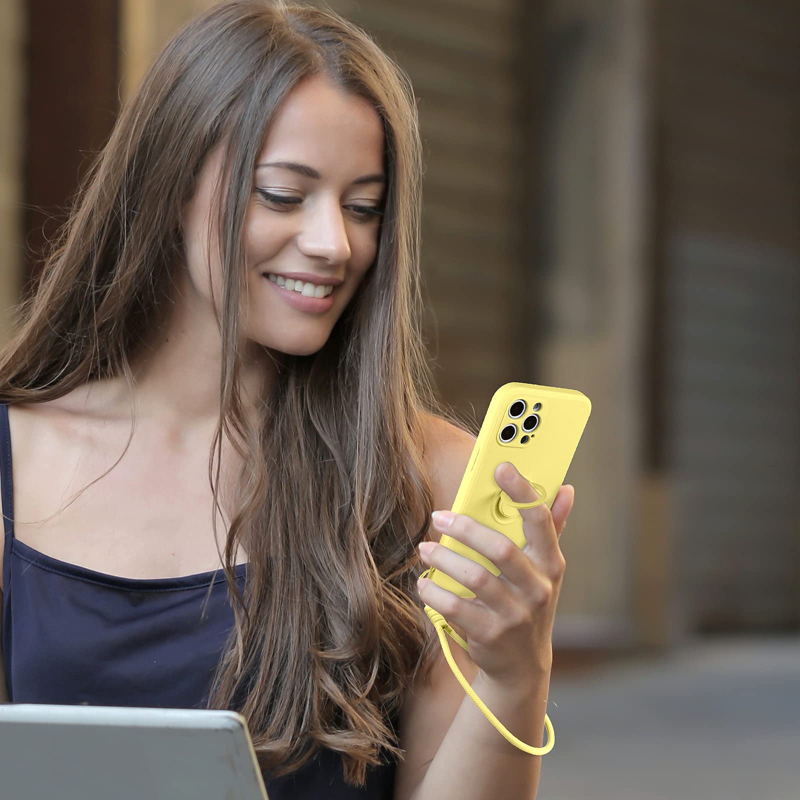 ABITKU iPhone 12 Pro Max Case (6.7-inch 2020 Model) - Premium Silicone Protective Cover with 360° Rotating Ring Kickstand & Car Mount Support | Soft Microfiber Lining | Yellow | Perfect for Daily Use, Travel & Hands-Free Viewing