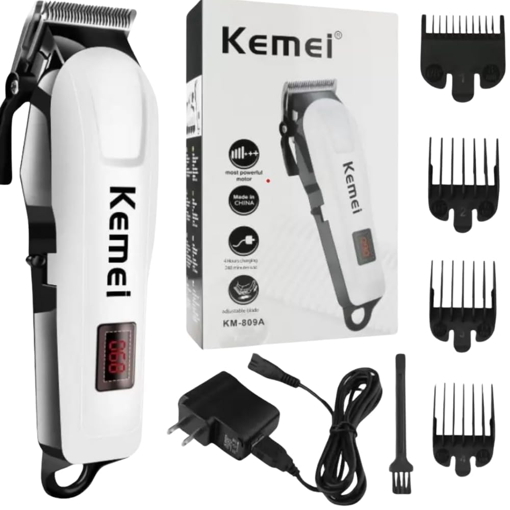 KEMEI 809 Men's Professional Hair Trimmer Combo - KM-232 & KM-809A with 240Min Runtime, 4 Length Settings (White/Black) - Perfect for Home Grooming, Beard Trimming & Travel Use