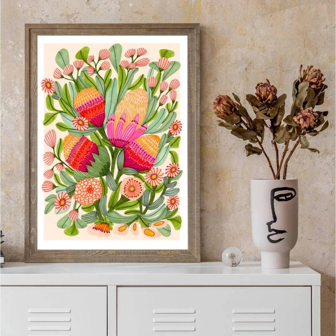 Protea & Gum Blossoms Botanical Art Print - Premium Floral Wall Decor for Living Room, Bedroom & Office | Nature-Inspired Home Decor Gift