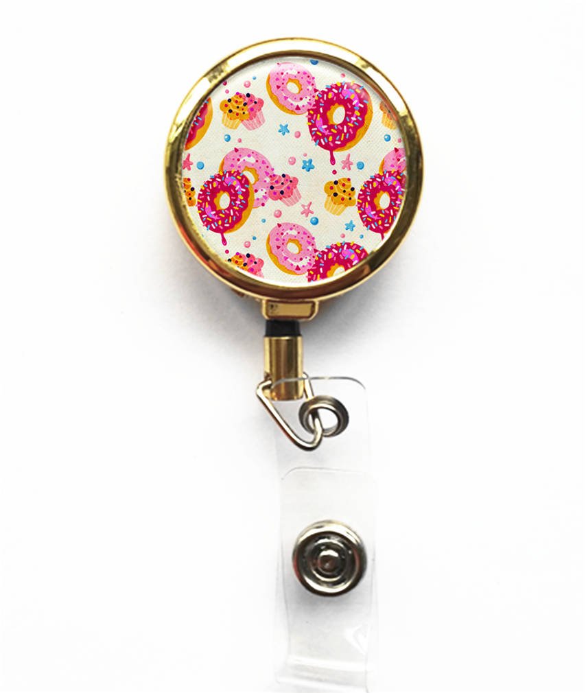 RhyNSky Gold Donut Pattern Retractable ID Badge Holder with Belt Clip - Professional Business Name Tag Reel for Office, Events & Conferences (Model C1377)