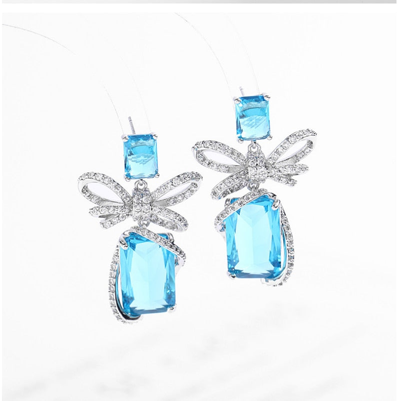 French Fashion Earrings - Silver Needle Micro Inlaid Zircon Square Crystal Bow Stud Earrings for Women | Korean Fresh Style | Perfect for Daily Wear, Office, Dating and Special Occasions