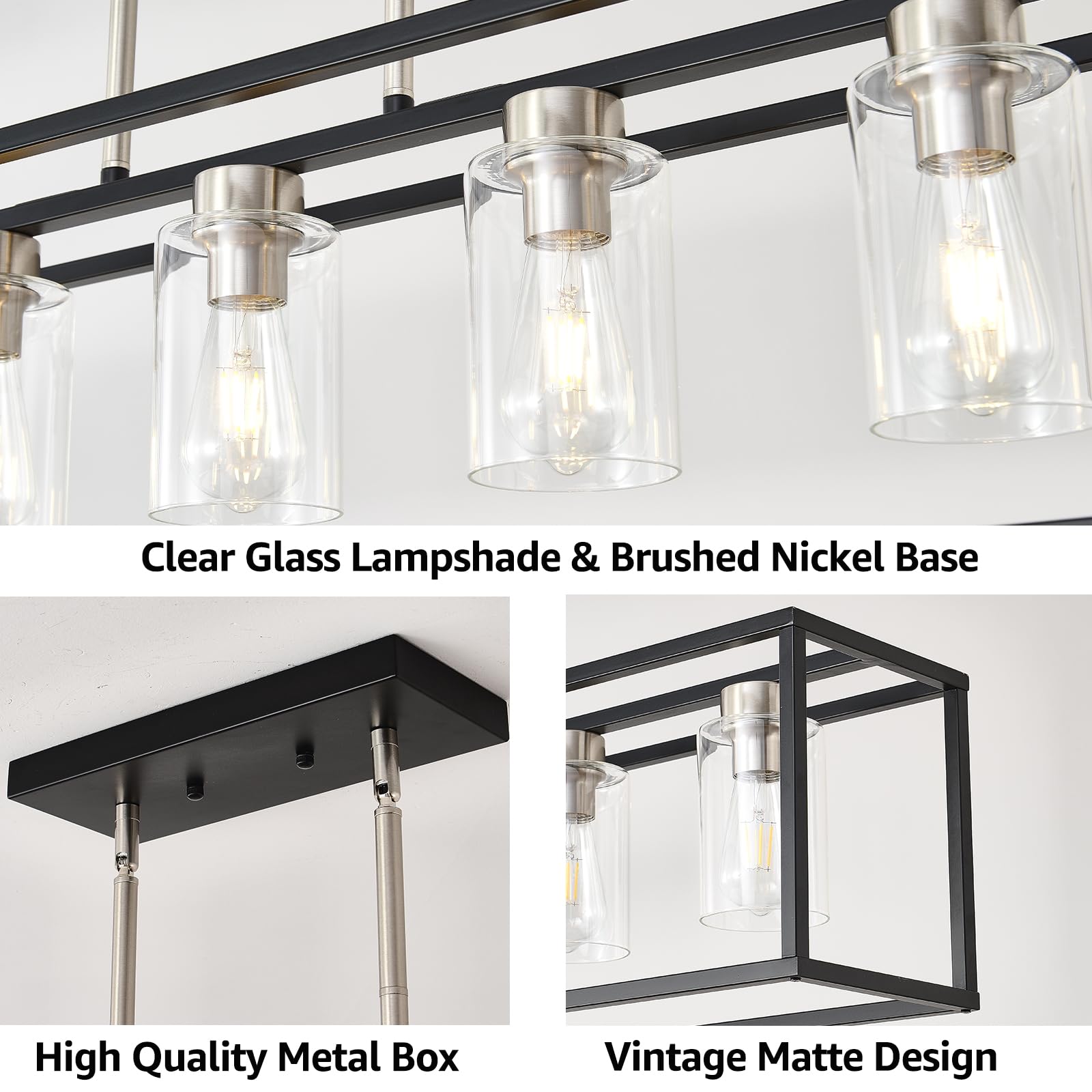 5-Light E26 Kitchen Island Lighting - Farmhouse Dining Room Chandelier with Clear Glass Shades, Adjustable Height Black & Silver Rectangle Pendant Light for Kitchen Counter, Dining Table, Breakfast Nook, and Bar