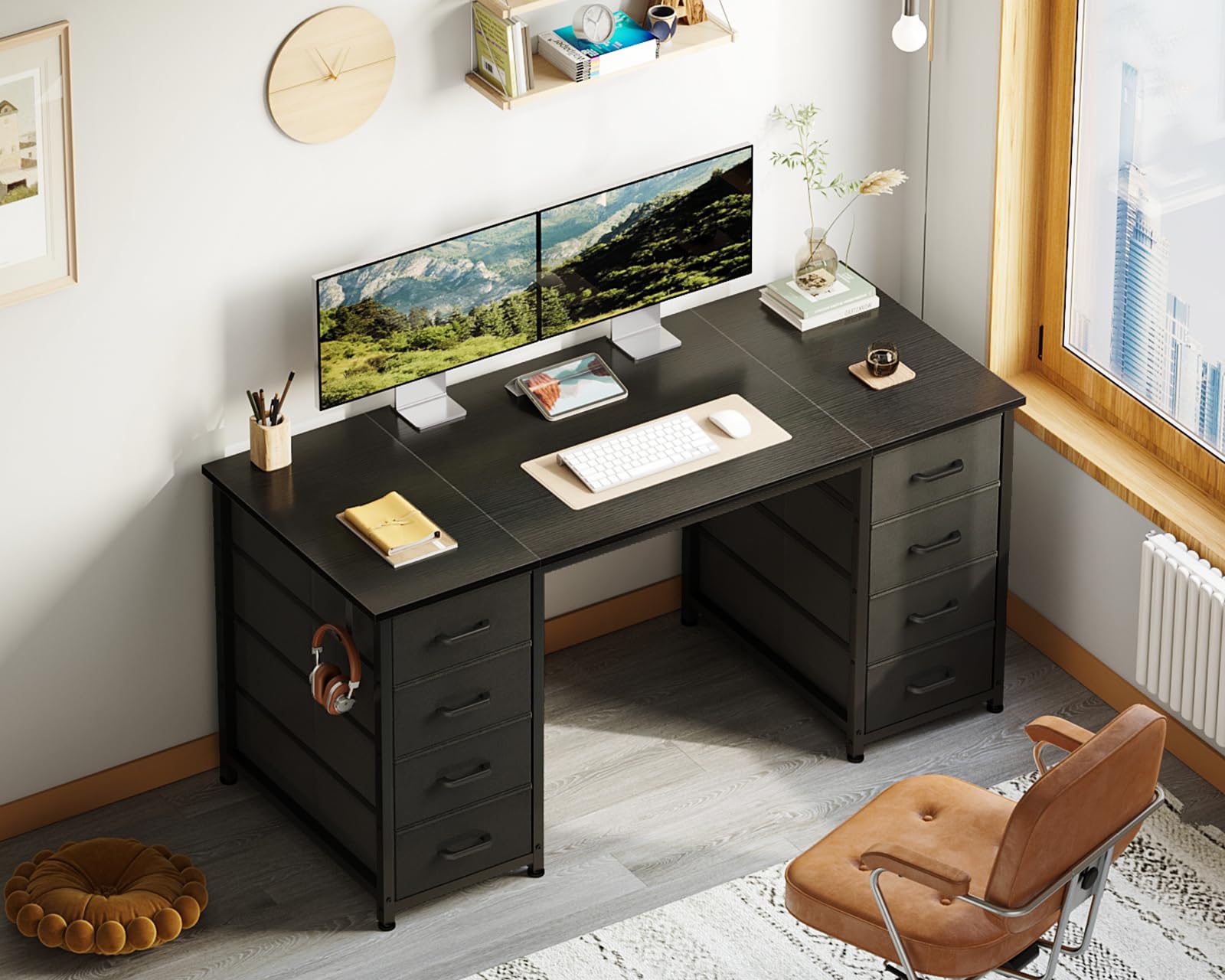 48 Inch Modern Computer Desk with 8 Fabric Drawers - Large Storage Office Desk for Home Office, Study & Gaming - Black | Perfect for Small Spaces & Work from Home Setup