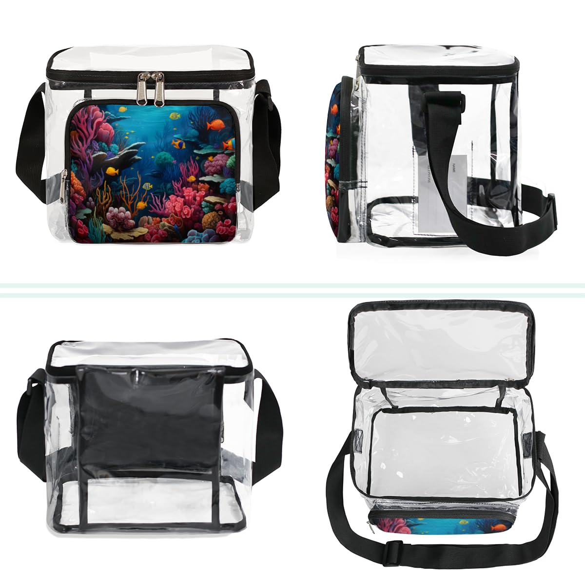GzLeyigou Clear Transparent Tote Bag with Handles - Underwater Coral Fish Design - Crossbody Shoulder Bag for Lunch, Beach, Travel, Picnic, Concerts & Sports Events - Stadium Approved Clear Purse for Outdoor Activities & Theme Parties