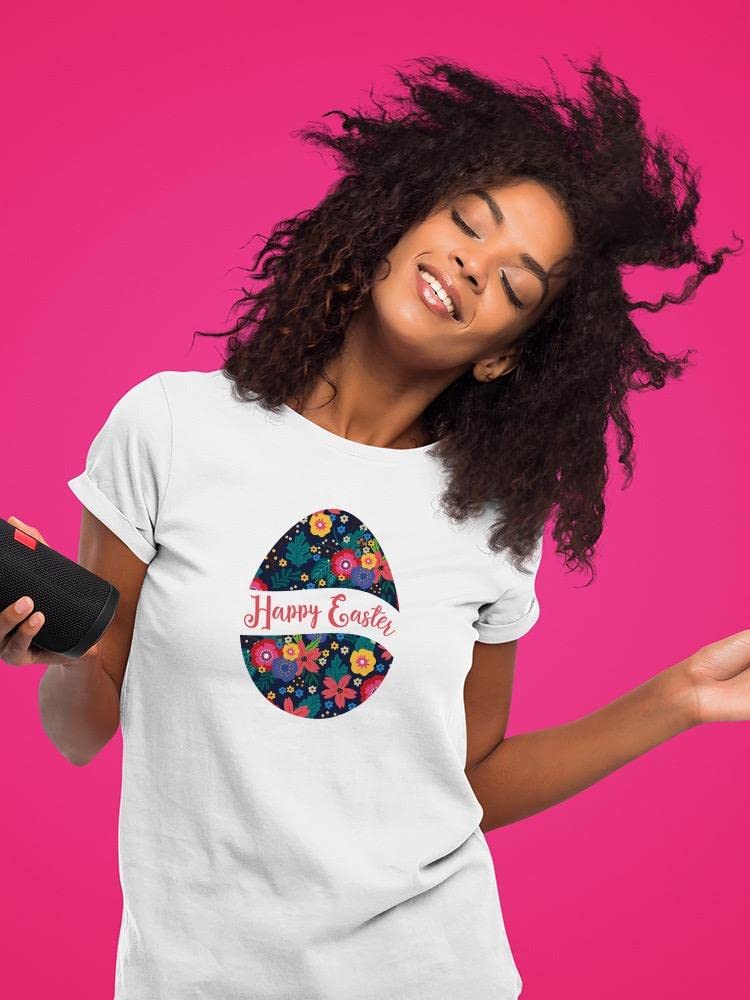 Happy Easter Egg Print Women's T-Shirt - Cute Bunny & Egg Design White Cotton Tee - Perfect for Easter Celebrations, Spring Outfits & Casual Wear