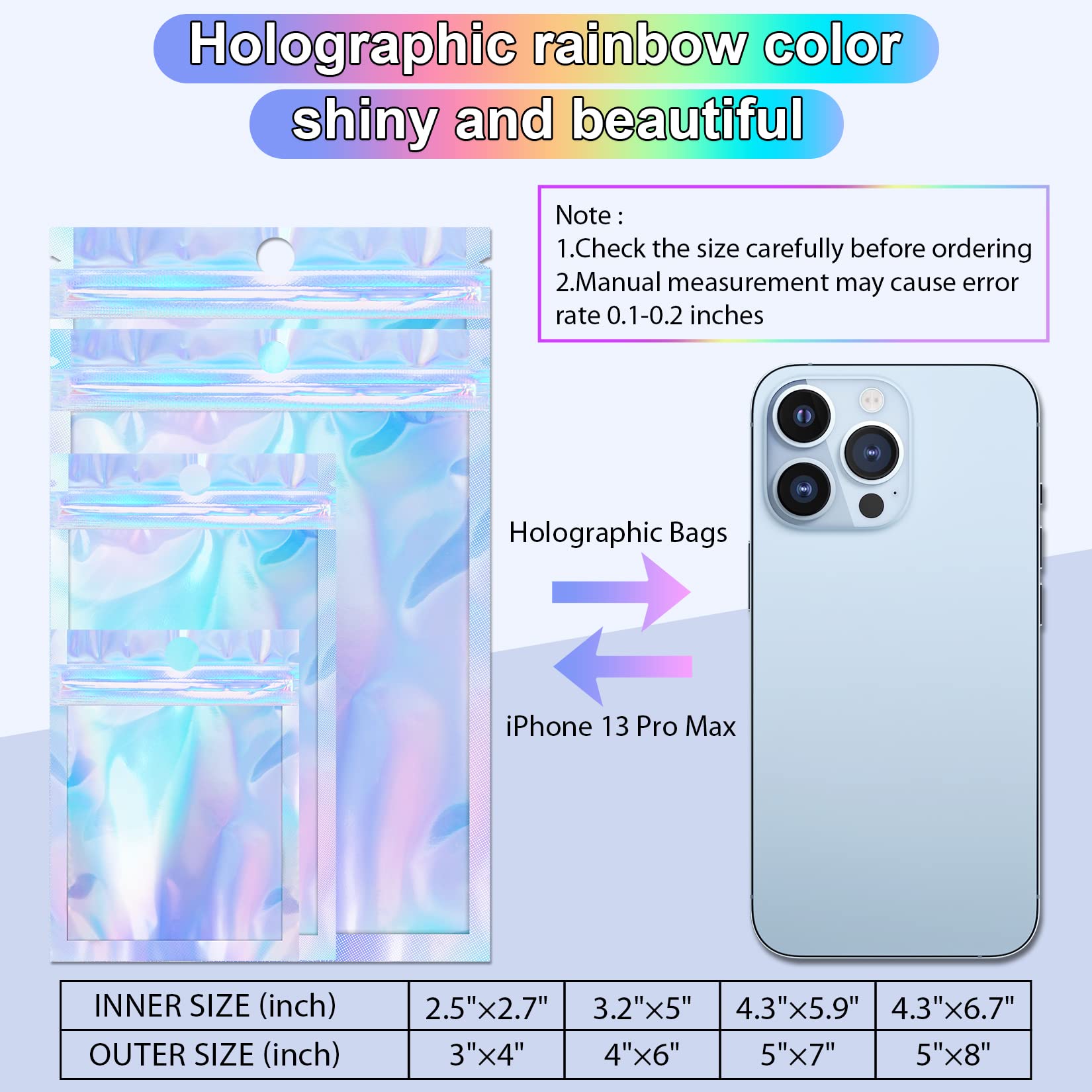 100 Pack 4x6 Inch Holographic Mylar Bags - Resealable Smell Proof Zipper Bags for Food Storage & Small Business Packaging | Perfect for Candy, Snacks, Jewelry & Craft Supplies Organization