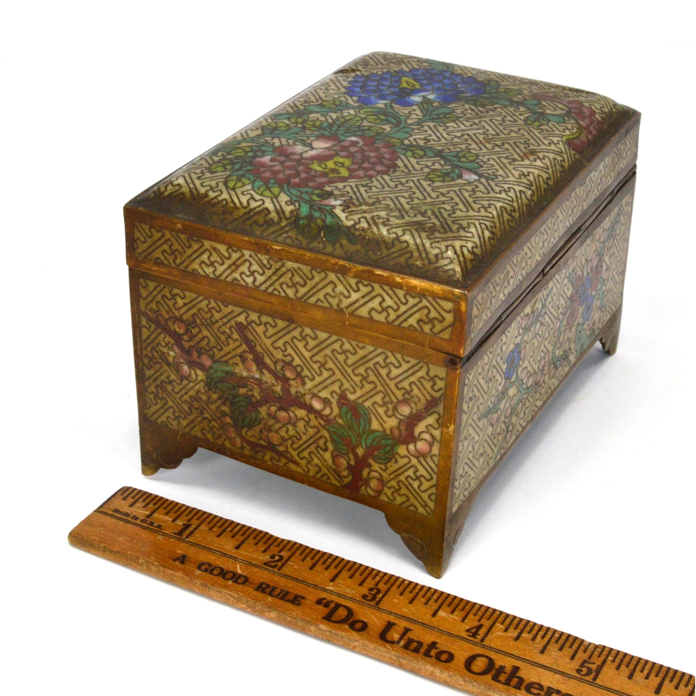 Antique Cloisonne Hinged Jewelry Box with Floral Design - 3x5x3 Inches - Brass/Bronze Footed Trinket Box for Home Decor, Gift, or Storage | Perfect for Jewelry, Keepsakes, and Collectibles