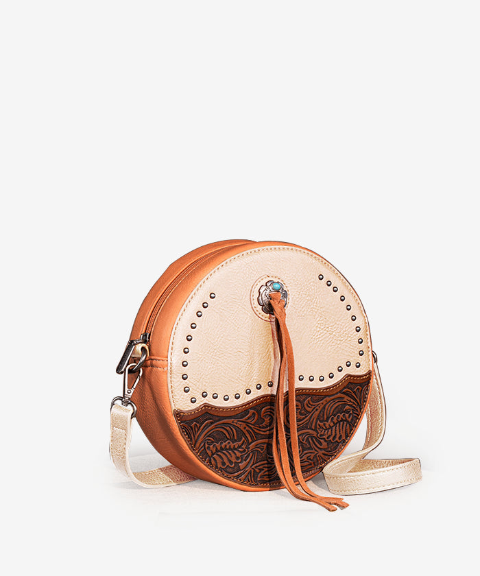 Montana West Tooled Leather Circle Crossbody Bag for Women - Stylish Boho Shoulder Purse for Everyday Use, Travel & Shopping