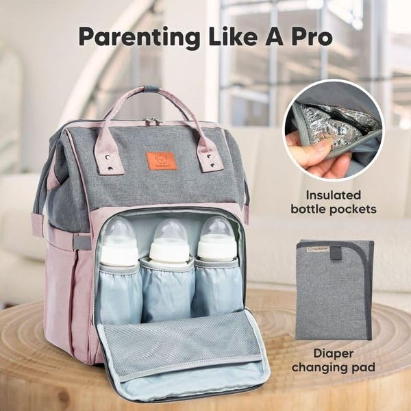 KeaBabies Waterproof Baby Diaper Backpack - Large Multi-Functional Travel Diaper Bag with Changing Pad for Boys & Girls, Durable Parenting Essentials for Moms & Dads (Pink Gray) - Perfect for Daycare, Travel, Outings & Daily Use
