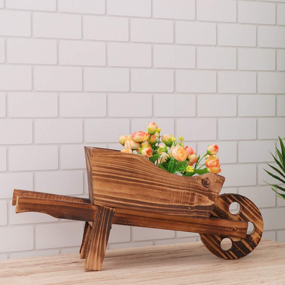 Yardwe Wooden Cart Pot - Creative Plant Planter with Wheels for Garden Decor | Perfect for Outdoor Flower Display & Rustic Home Decoration