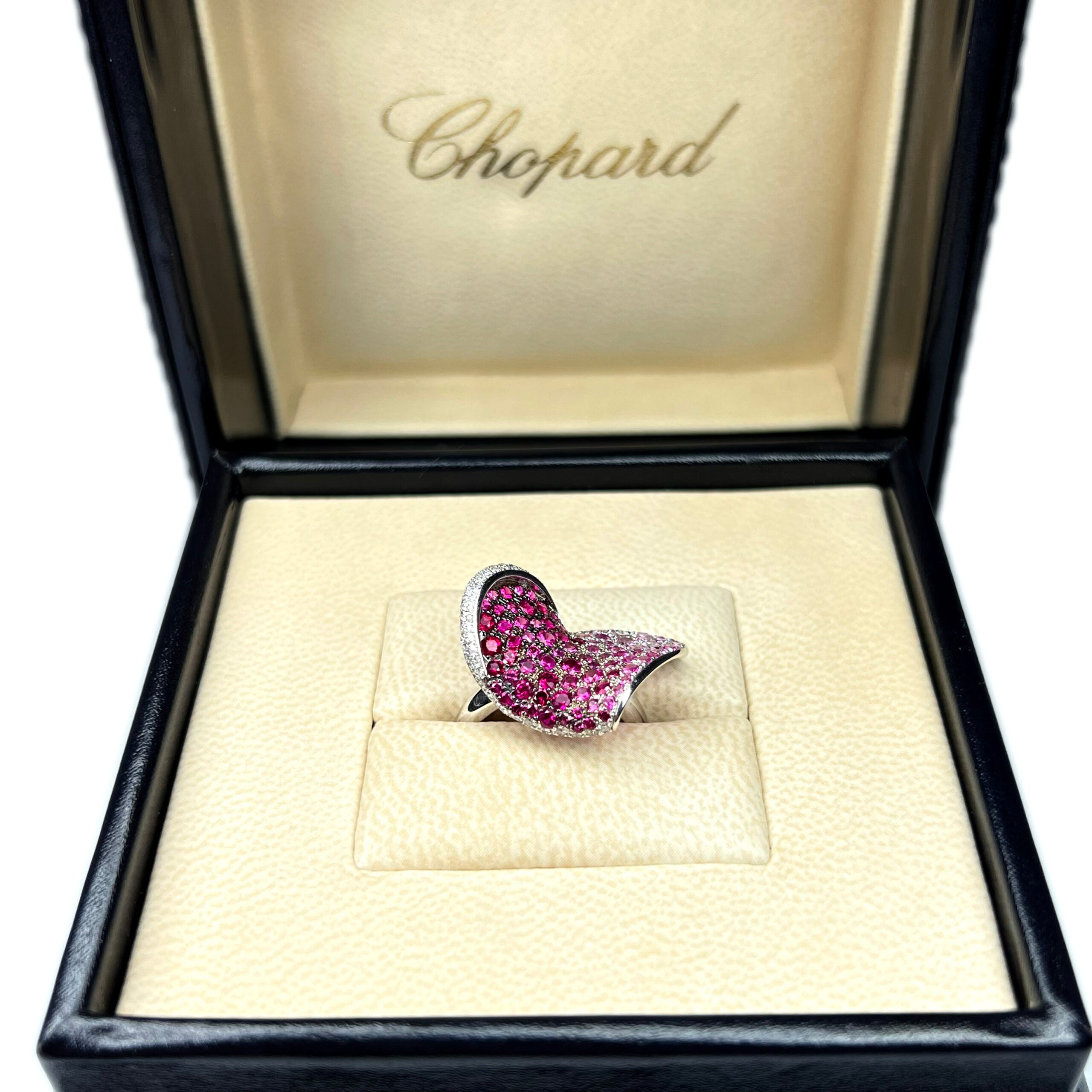 Chopard 18K White Gold Pink Sapphire Ruby Diamond Heart Ring for Women - Elegant Jewelry Gift for Anniversary, Valentine's Day & Special Occasions