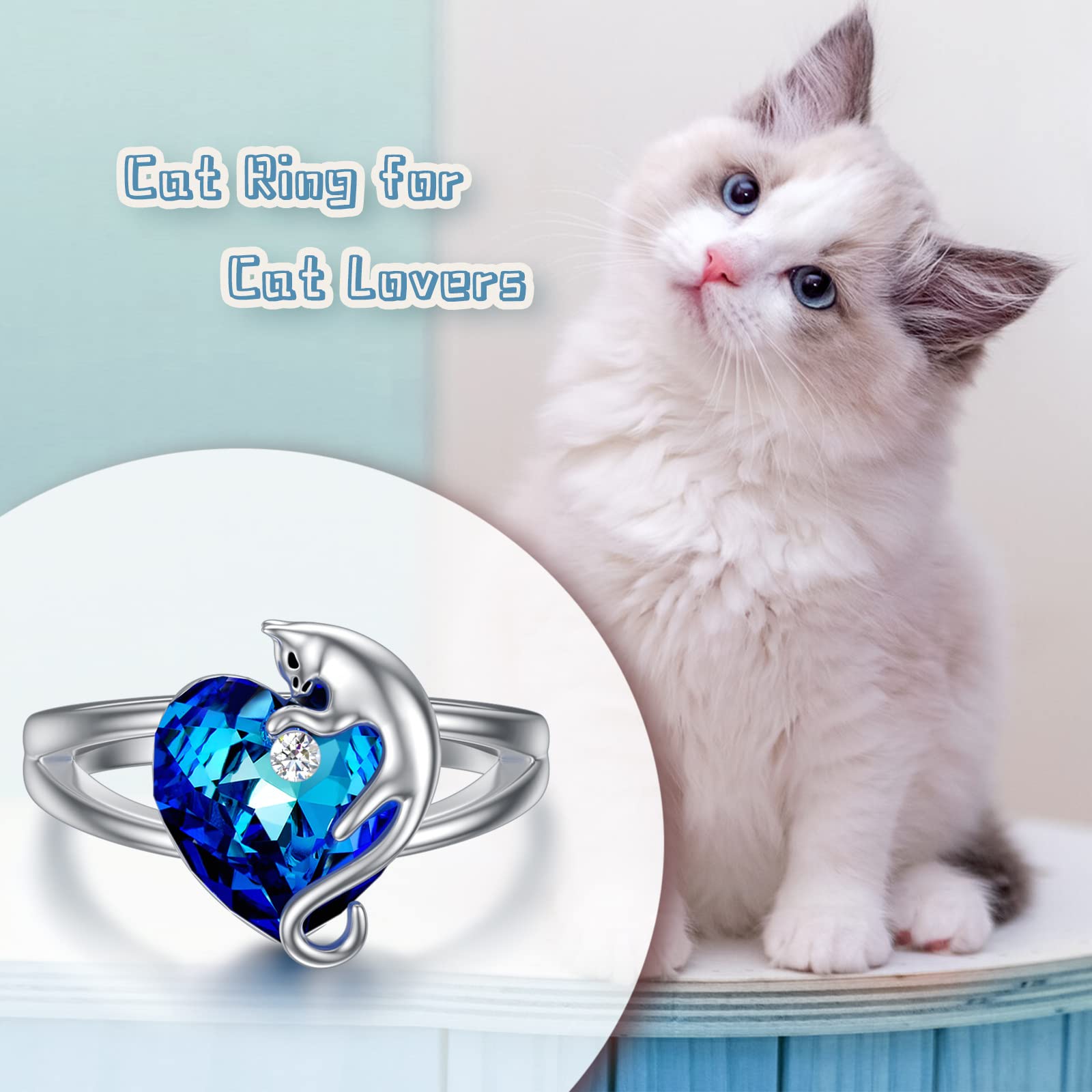 AOBOCO 925 Sterling Silver Cat Ring with Heart Crystal from Austria - Dainty Cat Jewelry for Women, Perfect Cat Lover Gift for Birthday, Anniversary & Valentine's Day - Wear to Parties, Dates & Special Occasions