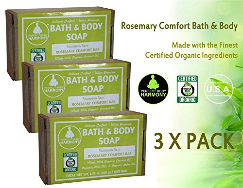 Organic Rosemary Comfort Bar Soap (3-Pack) - 3.75 oz Each | USDA Certified | Itchy Skin Relief | Sulfate & Paraben Free | Natural Lather | Perfect for Sensitive Skin & Eco-Friendly Bathing