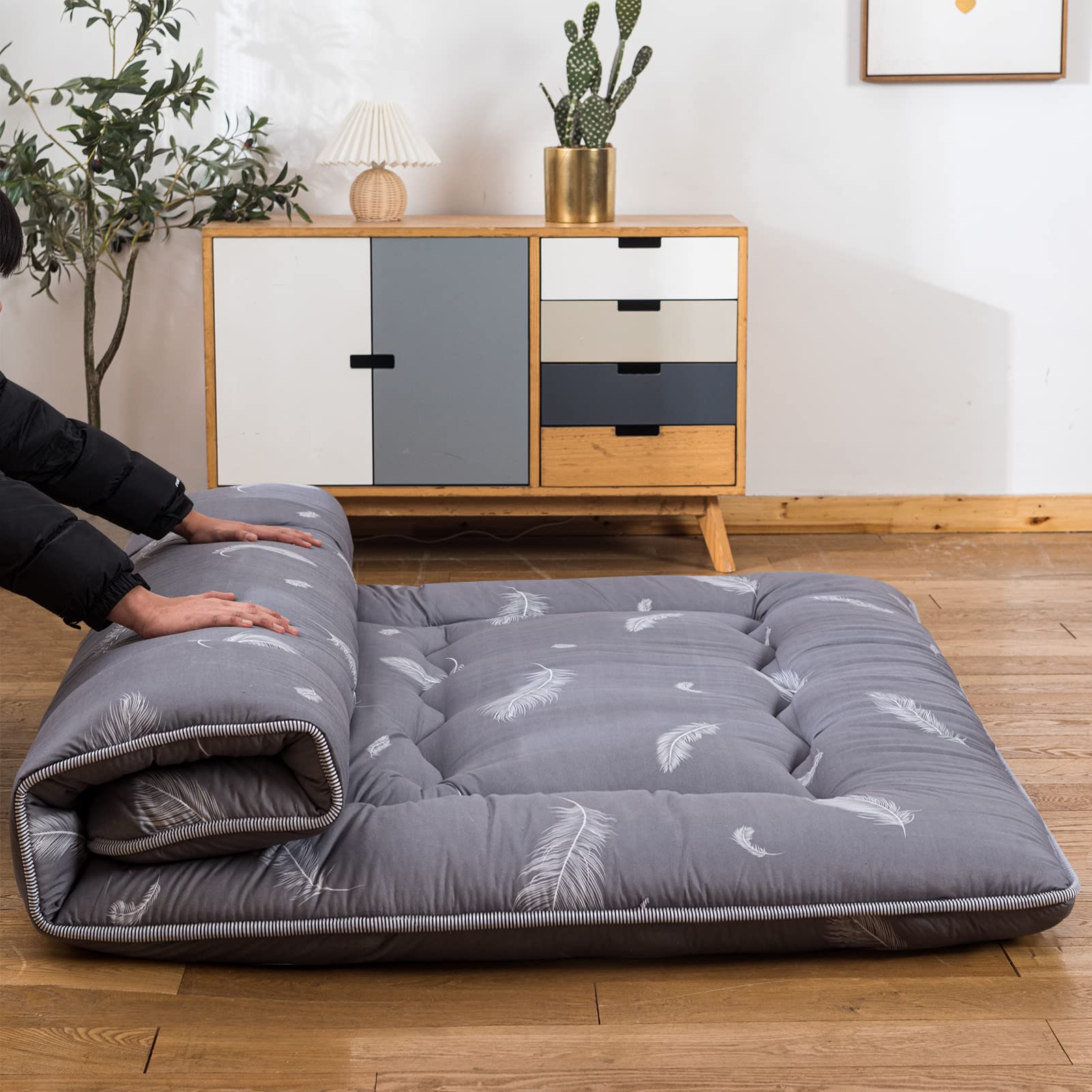 YOSHOOT Grey Feather Futon Floor Mattress - Thick Japanese Foldable Floor Bed for Adults | Queen Size with Canvas Storage Bag | Perfect for Camping, Guest Rooms & Small Spaces