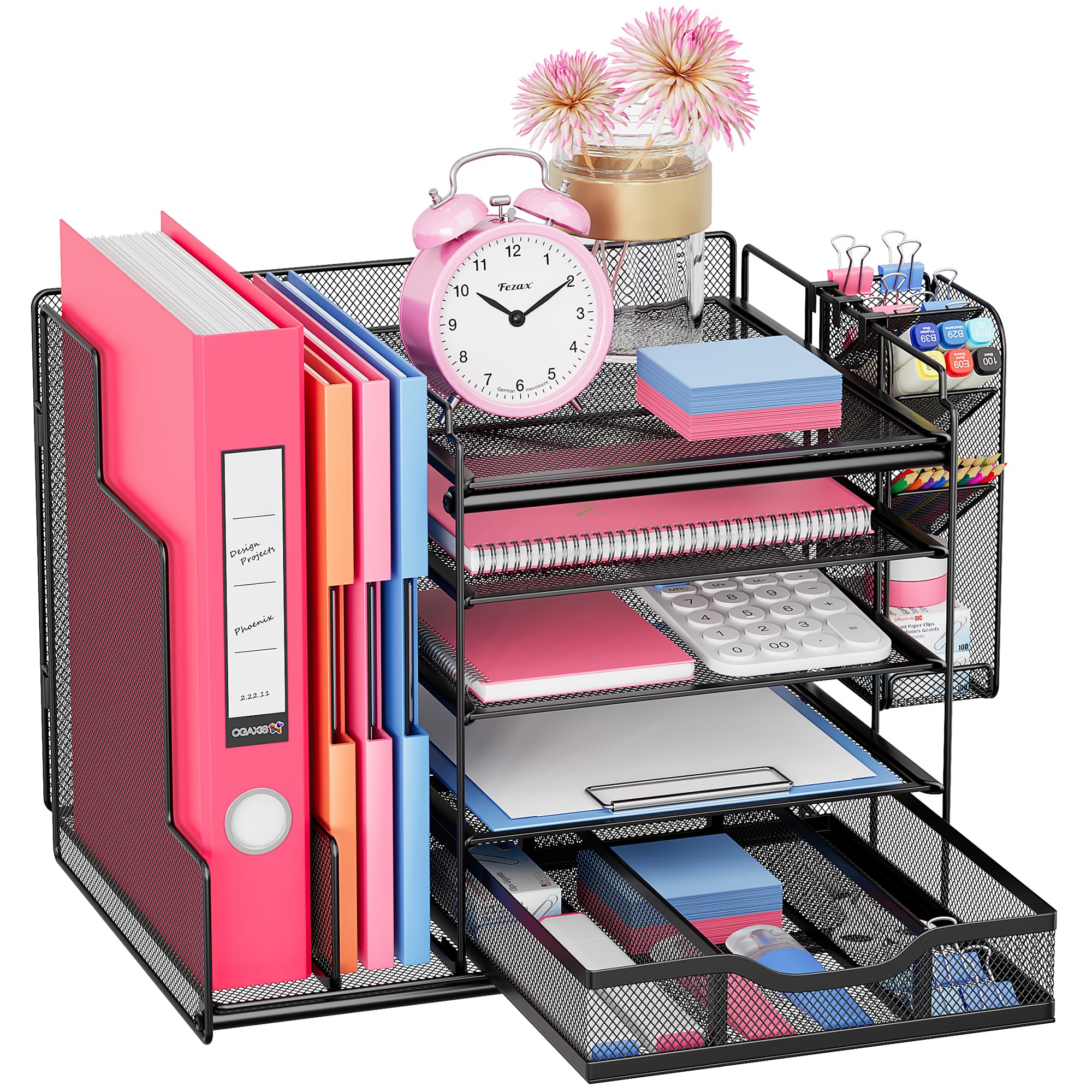 Premium Desk Organizer Set with Large Vertical File Holder, Sliding Drawers & Movable Pen Holder - Office Supplies Storage Shelf for Home & Office Workspace (Style A) - Perfect for Organizing Files, Stationery & Daily Essentials