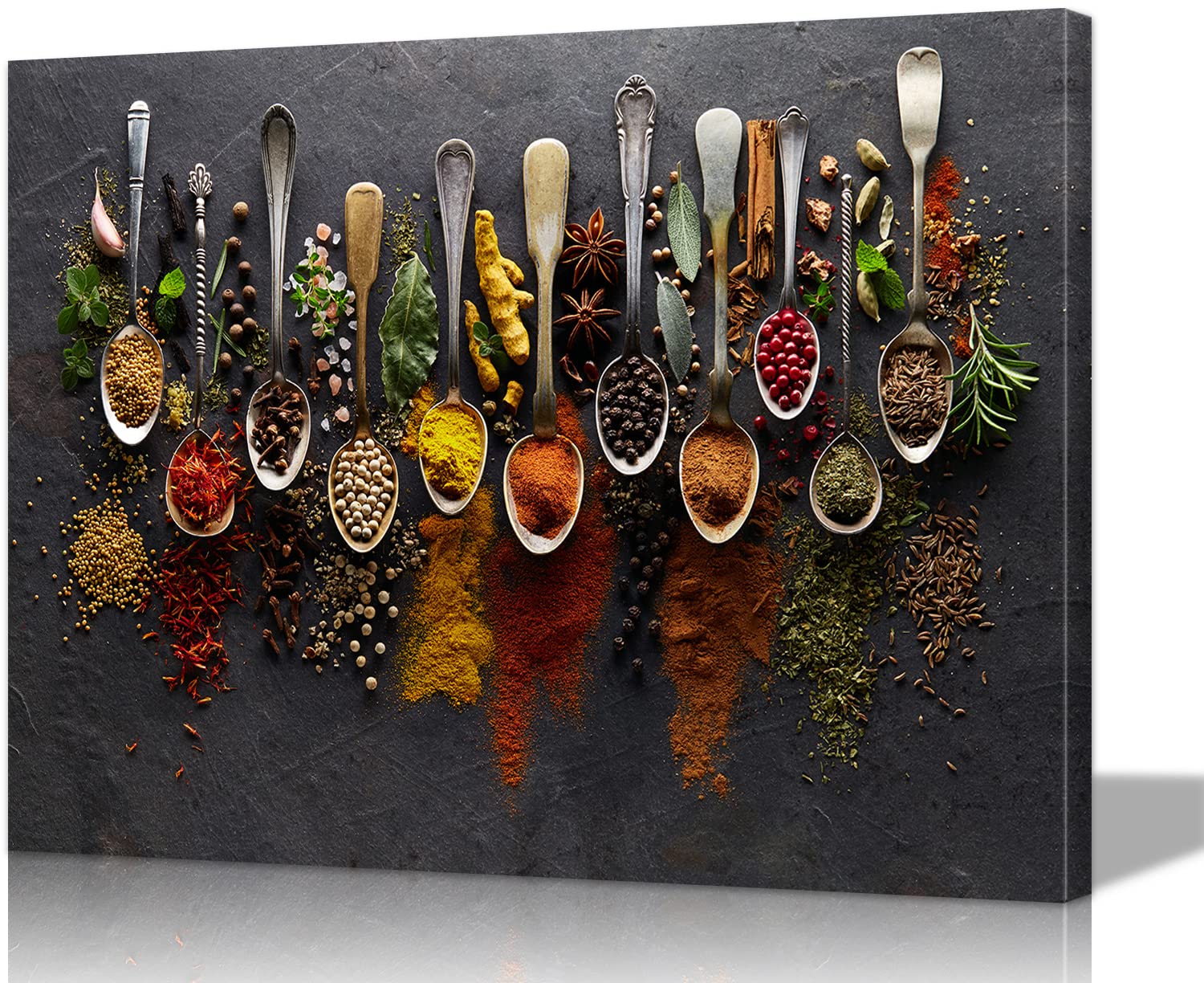 Vibrant Spices & Spoon Canvas Print - Kitchen Wall Art Decor for Dining Room, Framed Food Art (28''Hx40''W) - Perfect for Farmhouse, Modern & Rustic Kitchen Decor