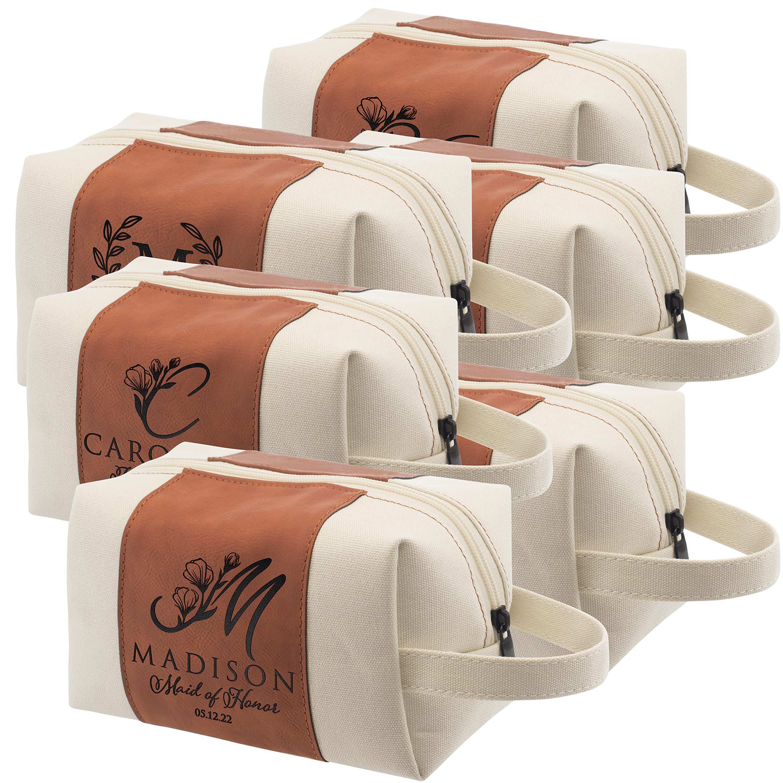 Personalized Bridesmaid Gifts Set of 6 - Custom Toiletry Bags for Women with Name, Title & Date - 3 Designs & 4 Colors - Perfect for Bridesmaid Proposals, Bridal Showers & Bachelorette Parties - Chestnut Color