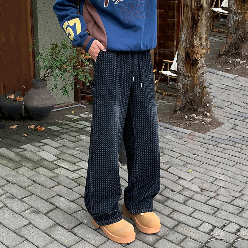 Men's Washed Denim Jeans - Straight Wide Leg Loose Fit Casual Pants with Drawstring & Printing | Spring Collection | Perfect for Everyday Wear, Street Style & Casual Outings