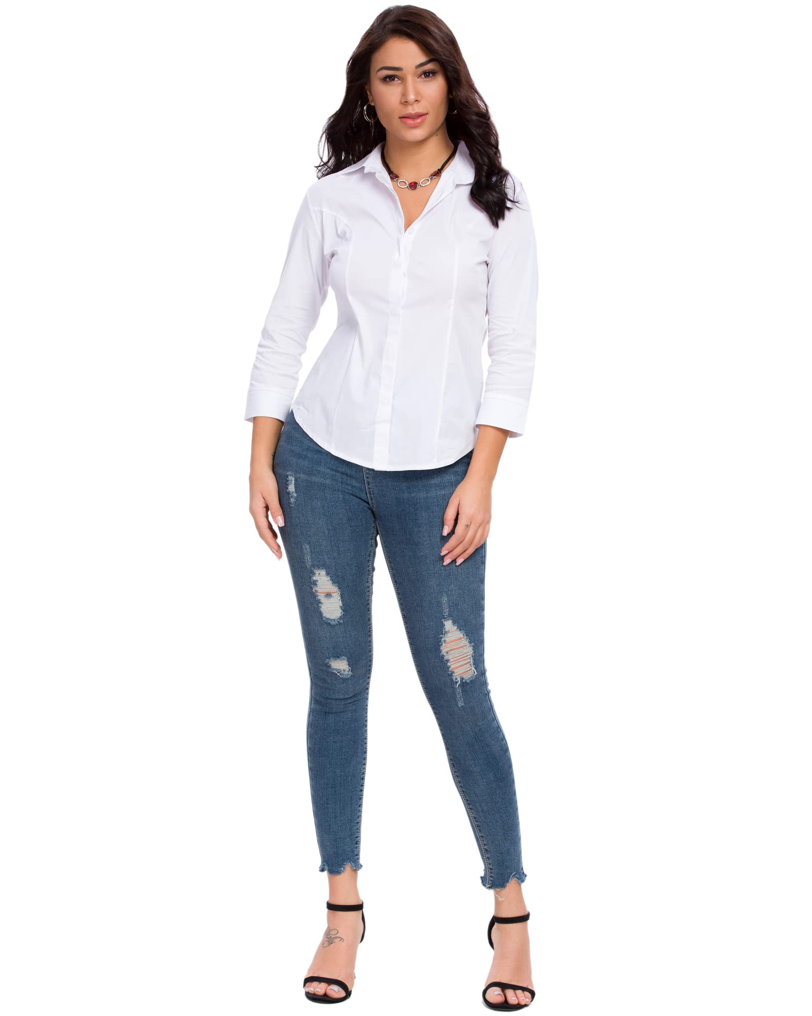Women's 3/4 Sleeve White Stretch Button Down Blouse - Formal Office Shirt & Summer Dress Top for Work, Business, and Casual Outings