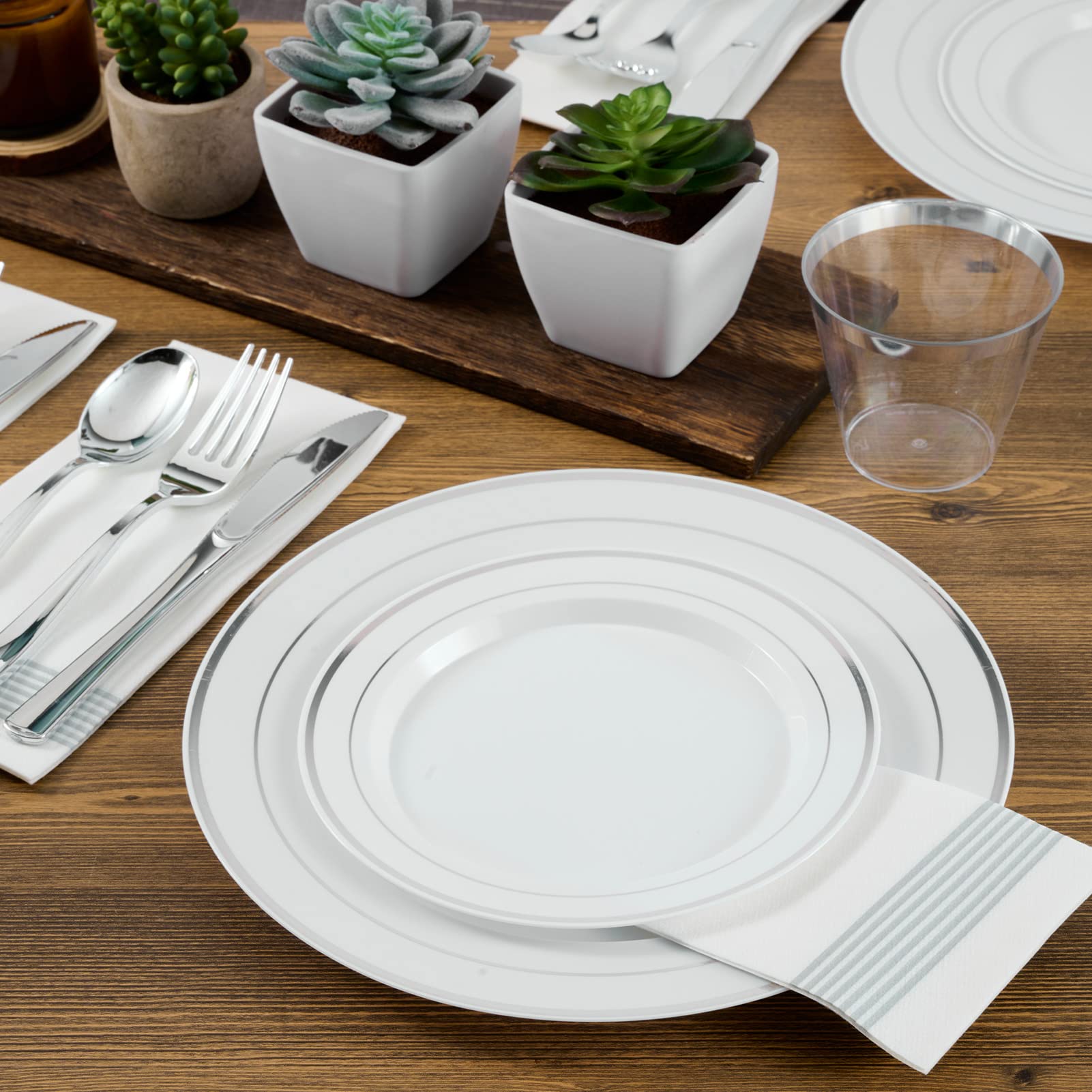 FOCUSLINE 60-Pack Silver Plastic Plates Set - 30 Elegant 10