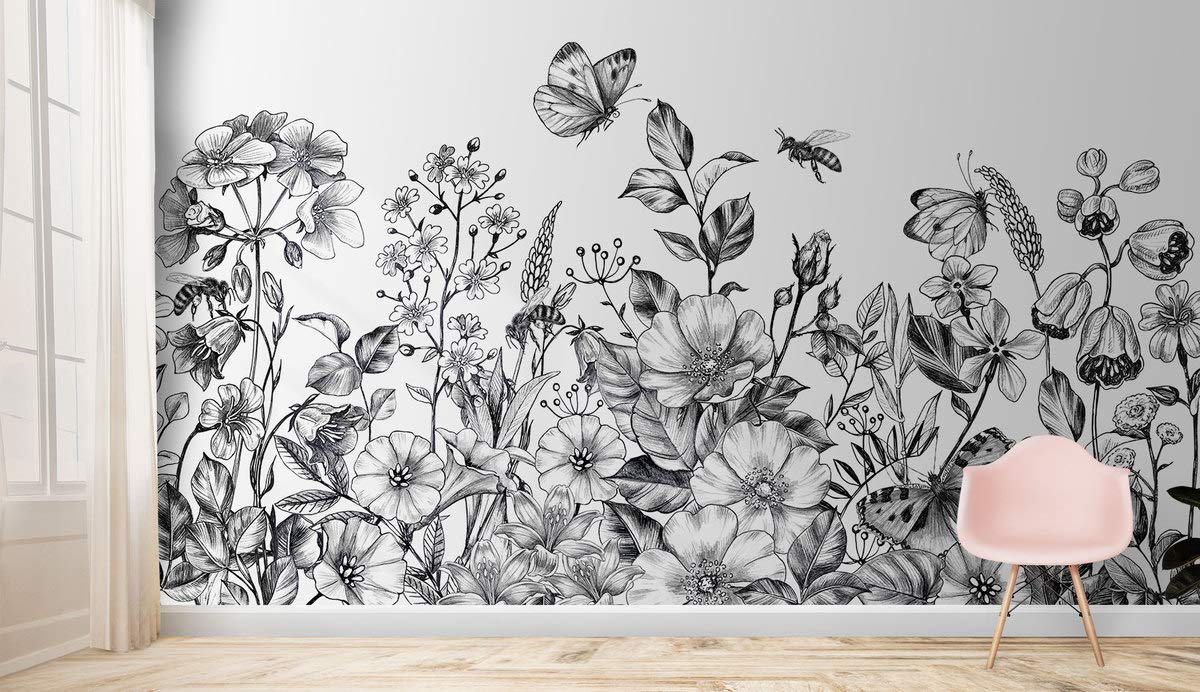 Murwall Black and White Floral Wallpaper - Elegant Charcoal Flower Wall Mural for Living Room, Bedroom & Cafe Decor | Peel and Stick Wallpaper for Home & Commercial Spaces
