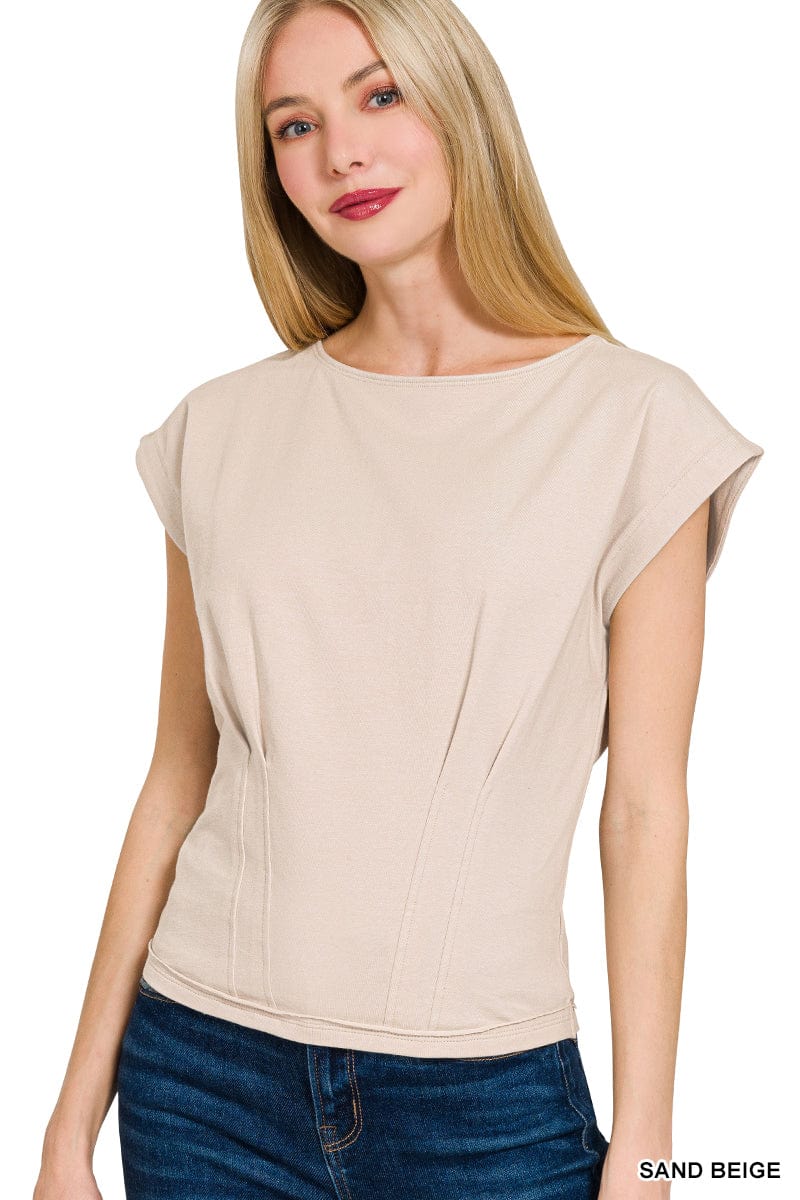Women's Cream Gathered Waist Short Sleeve Blouse - Flattering Casual Summer Top for Outfits, Dates & Office Wear