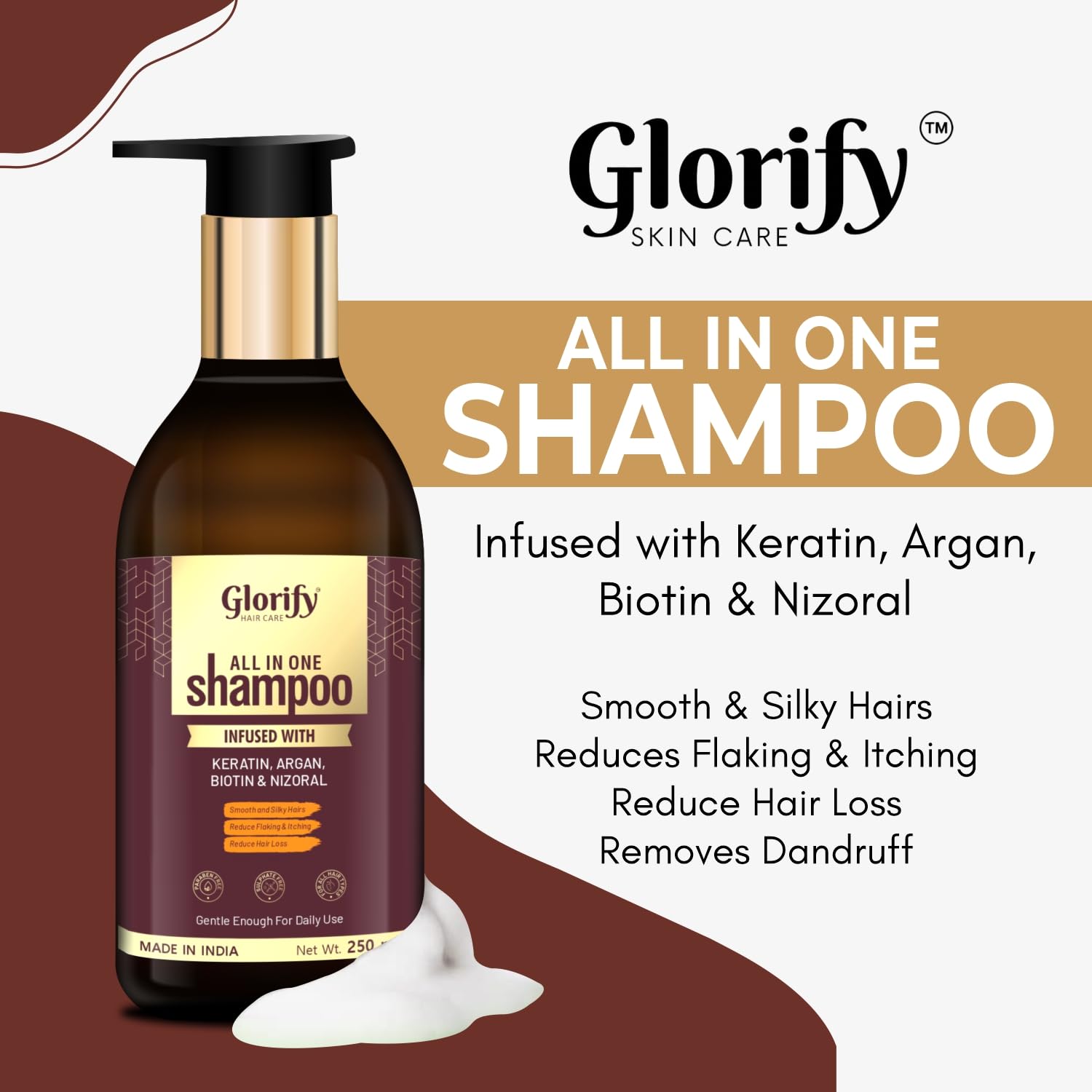 Glorify Biotin Shampoo with Keratin & Collagen for Hair Growth & Strength | Volumizing & Anti-Dandruff Shampoo | Reduces Itching & Repairs Damaged Hair | Controls Hair Loss for Men & Women | 250ml | Perfect for Daily Use & Hair Care Routine