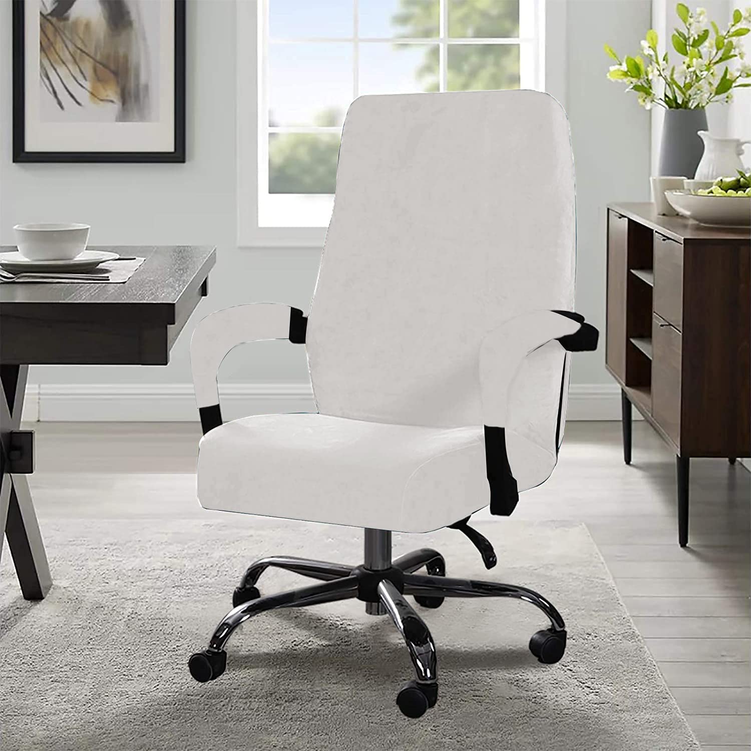 Stretchable Velvet Office Chair Cover - Removable & Washable Computer Chair Slipcover - Universal Elastic Chair Covers for High Back & Rotating Chairs - Modern Minimalist Style (White, Small) - Perfect for Home Office, Gaming & Workspace Decor