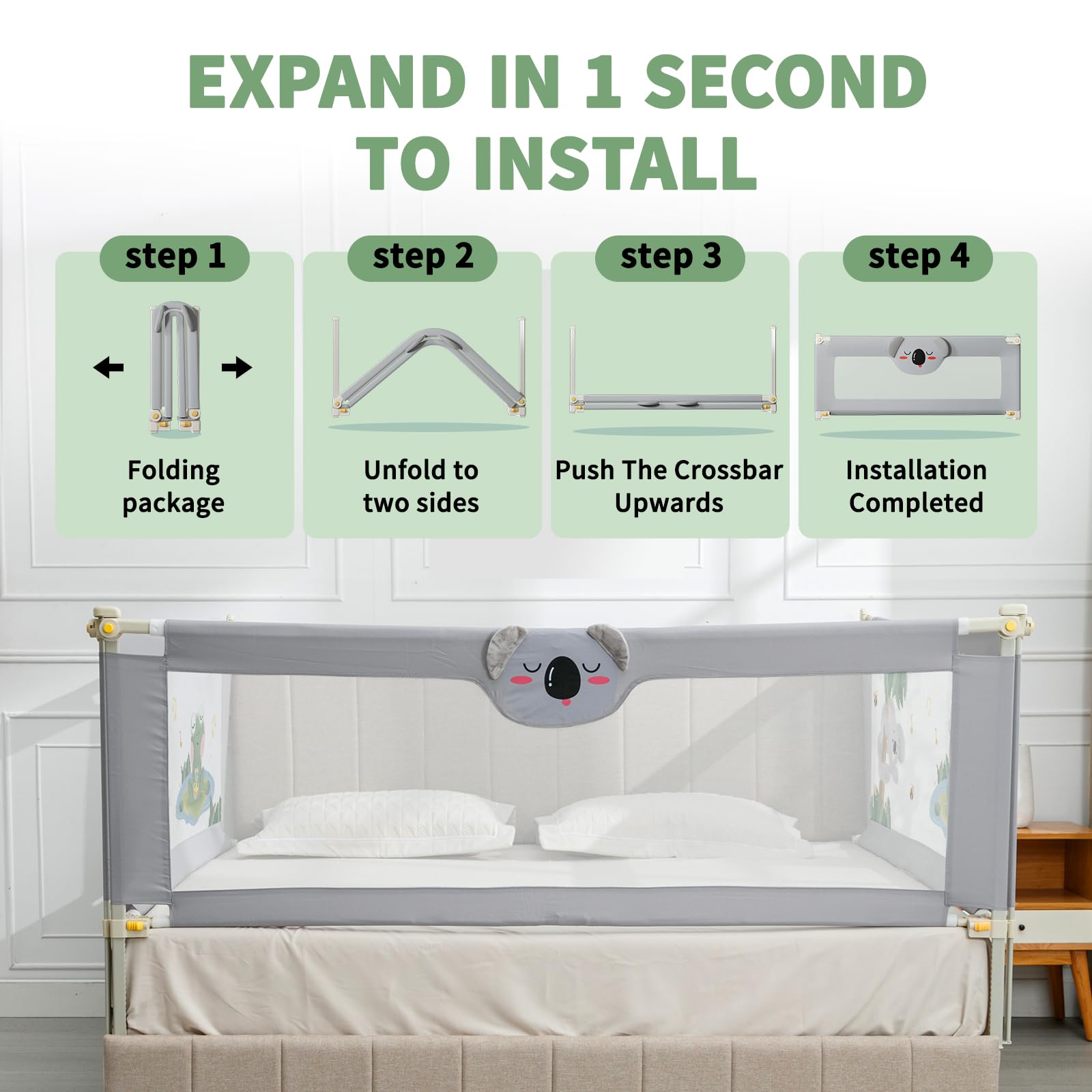 3-in-1 Adjustable Baby Bed Rail for Toddlers - Foldable Bed Guardrail with 25 Height Levels (Fits 2