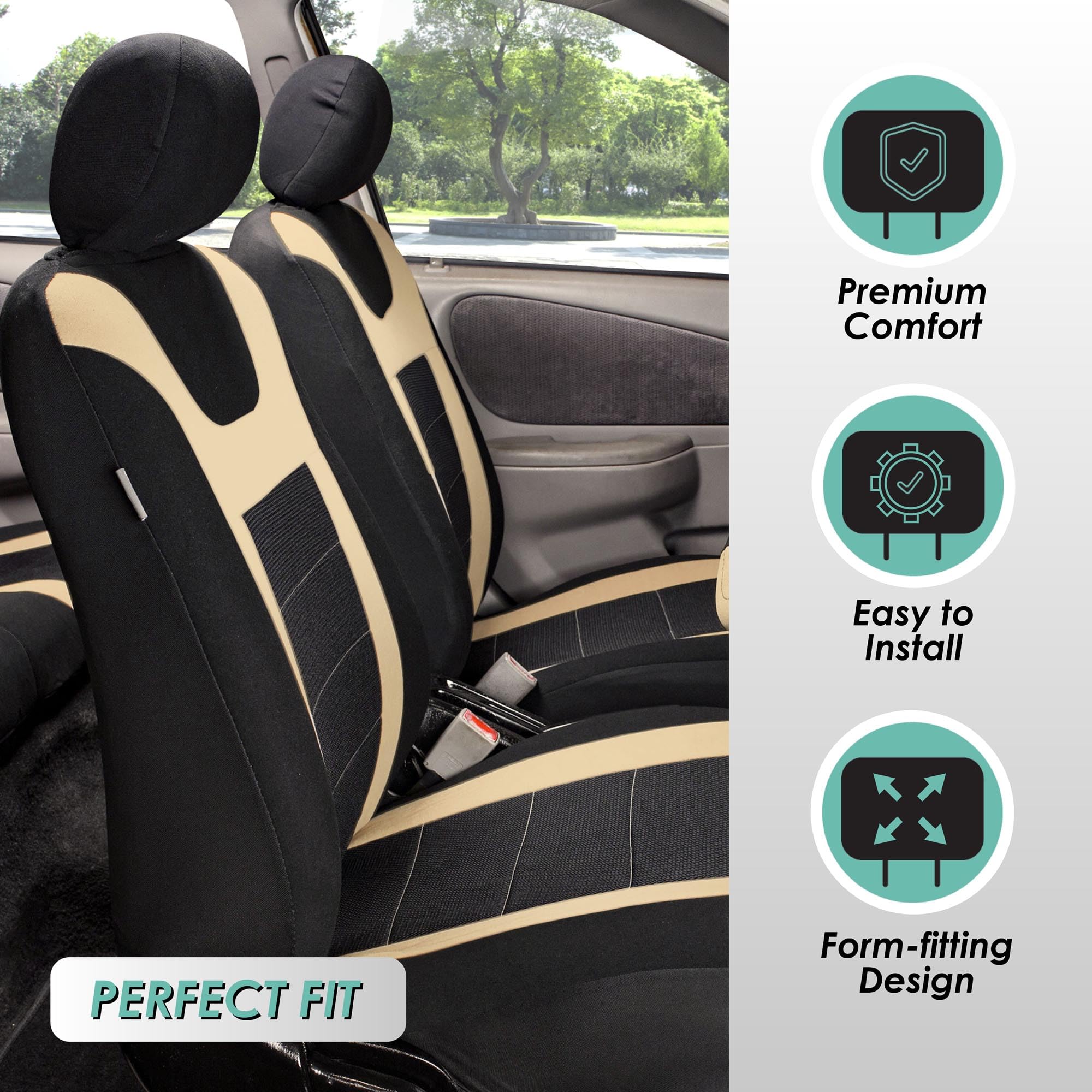 FH Group Automotive Seat Covers - Non-Slip Dash Grip Pad & Full Beige Set for Cars, Vans, Trucks & SUVs | Premium Car Accessories Combo with Airbag Compatibility & Split Rear Design | Perfect for Daily Commute, Road Trips & Family Travel