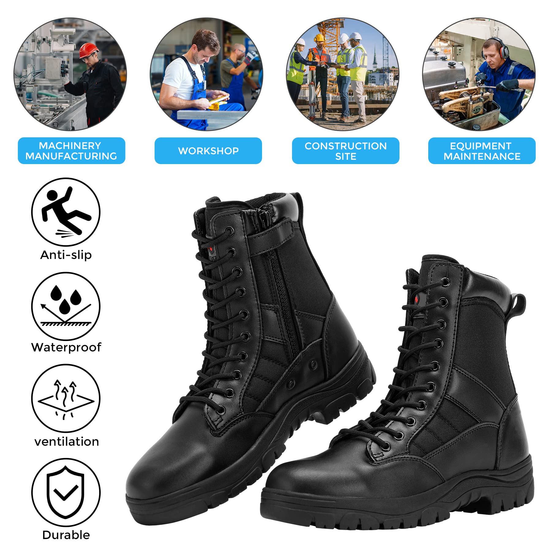 Men's 8 Inch Black Military Tactical Combat Boots - Durable Waterproof Work Boots for Hiking, Hunting & Outdoor Adventures