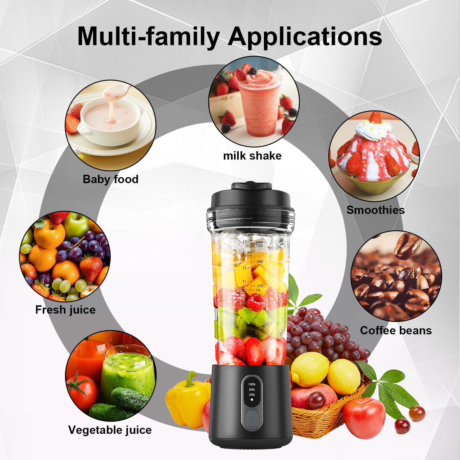 Portable Blender for Smoothies, Shakes & Protein Drinks - 2 Travel Cups (17oz & 10oz) - USB-C Rechargeable Cordless Mini Blender with Straw, Brush & Lid - Quiet Personal Blender for Gym, Office & Travel - Black