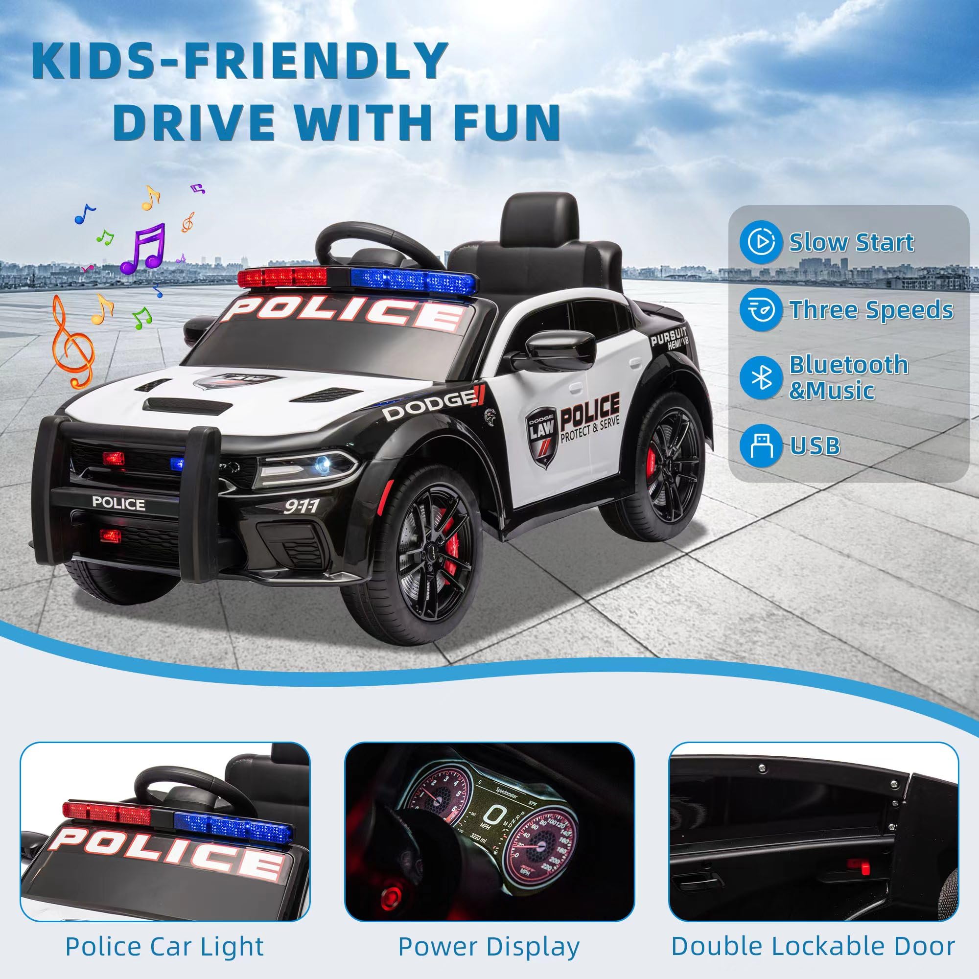 12V Kids Electric Police SWAT Ride-On Car - Licensed Dodge Vehicle for Boys & Girls Ages 3-8 | Parent Remote Control, 4 Wheels, LED Lights, USB Music & 3 Speeds | Perfect for Outdoor Play, Birthday Gifts & Pretend Police Adventures (White)