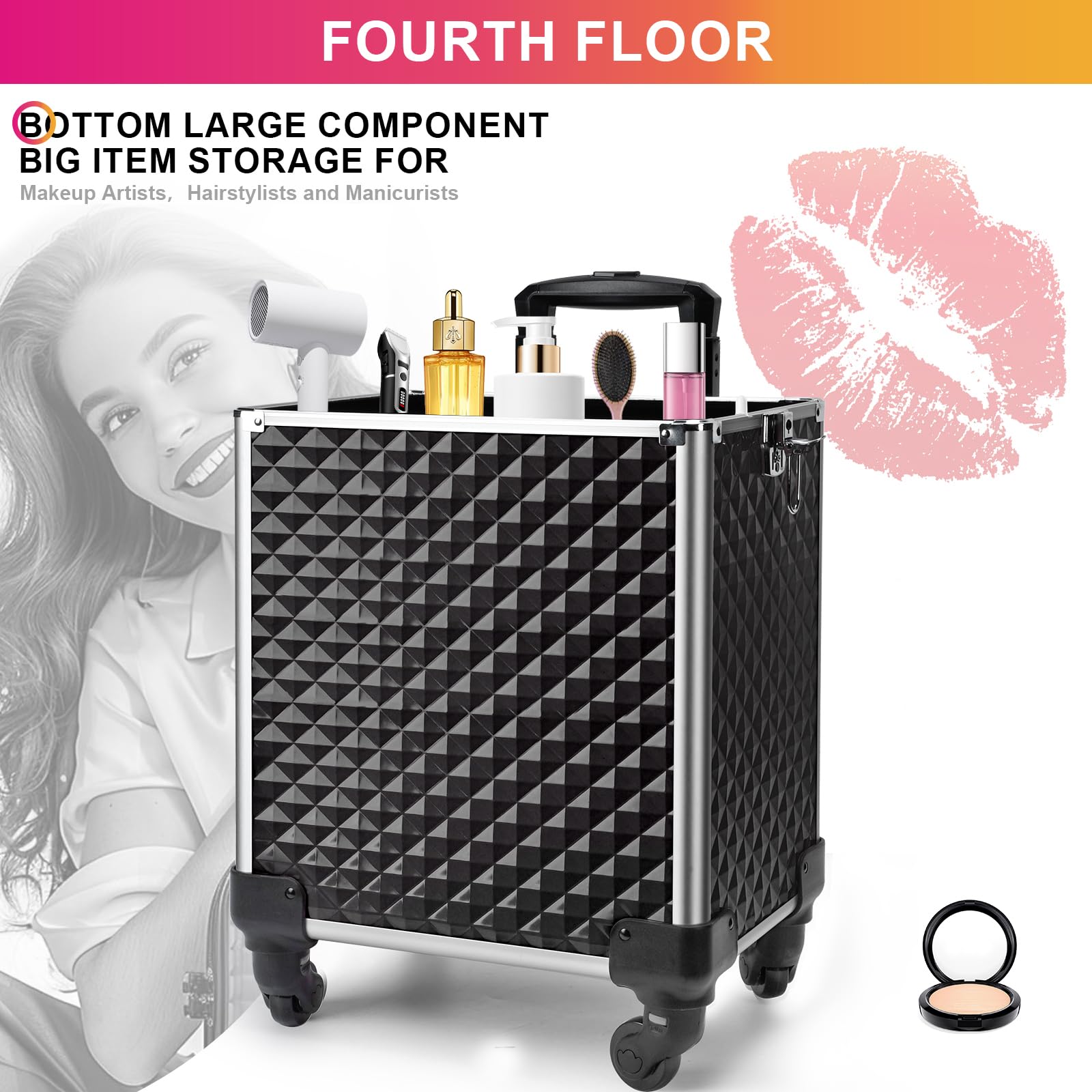 Professional 5-in-1 Rolling Makeup Train Case with Key & Shoulder Strap - Large Cosmetic Organizer for Travel | Portable Cosmetology Case on Wheels with Handle Cushion | Perfect for Makeup Artists, Salon Professionals & Beauty Enthusiasts