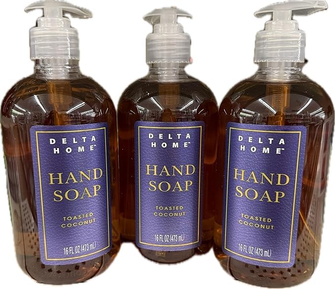 Delta Home Moisturizing Hand Soap - 16 Fl Oz (3 Pack, 48 Oz Total) - Toasted Coconut Scent - Hydrating & Gentle for Dry Skin - Perfect for Bathroom, Kitchen & Office Use
