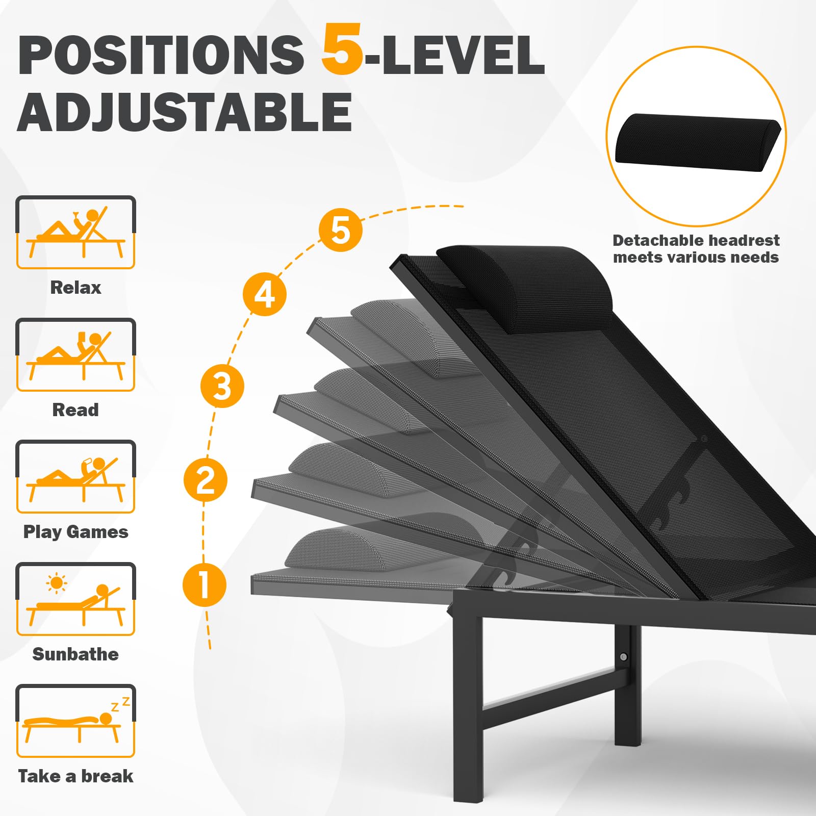 Adjustable Outdoor Chaise Lounge Chair with Headrest - 5-Position Reclining Patio Chair for Poolside, Beach & Backyard - Durable Aluminum Frame with Weather-Resistant Black Finish