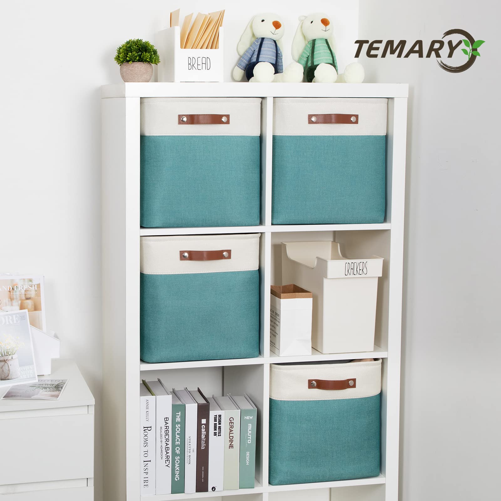 Temary 13x13 Inch Fabric Storage Cubes & Bins - 4-Pack Large Organizing Baskets with Handles for Clothes, Books, Toys - Perfect for Closet, Nursery, Office Organization (White & Teal)