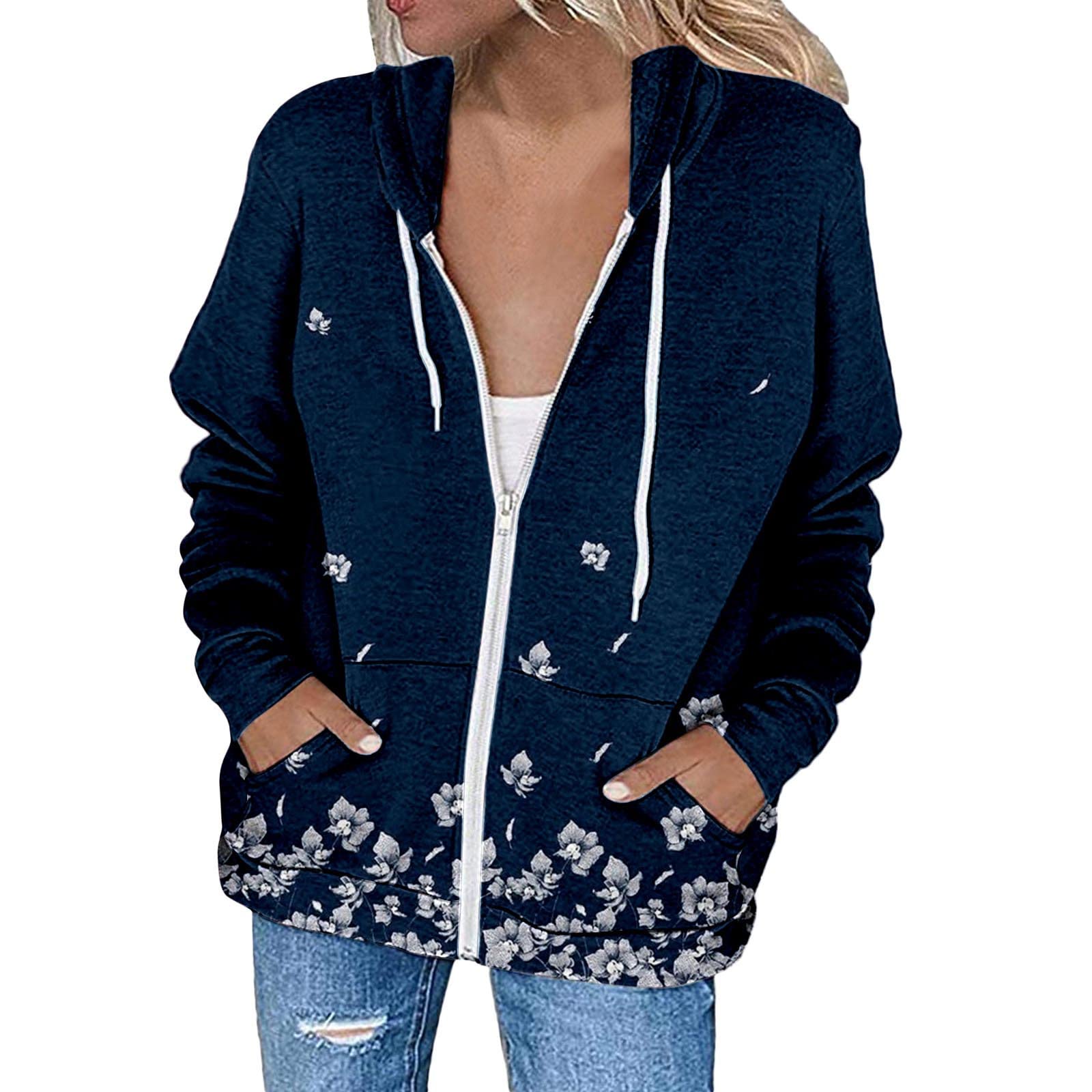 Women's Casual Loose Fit Hooded Jacket with Zipper & Drawstring - Floral Print & Solid Color Options, Front Pockets | Perfect for Spring Outfits, Streetwear Fashion & Outdoor Activities