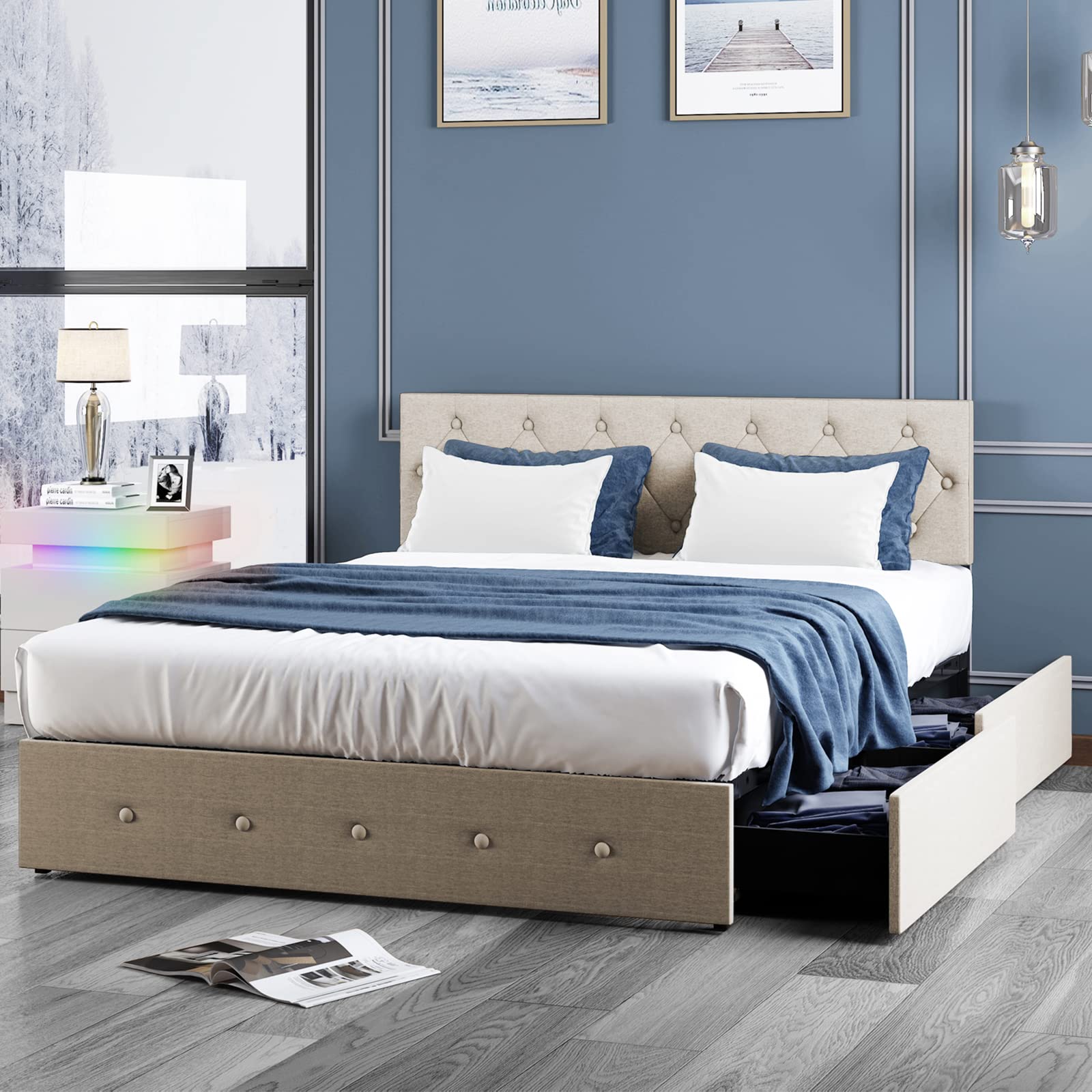 ZAFLY Full Size Bed Frame with 4 Storage Drawers & Headboard - Diamond Stitched Button Tufted Design, Wooden Slats Support, No Box Spring Needed - Easy Assembly Beige Bed for Small Spaces & Guest Rooms