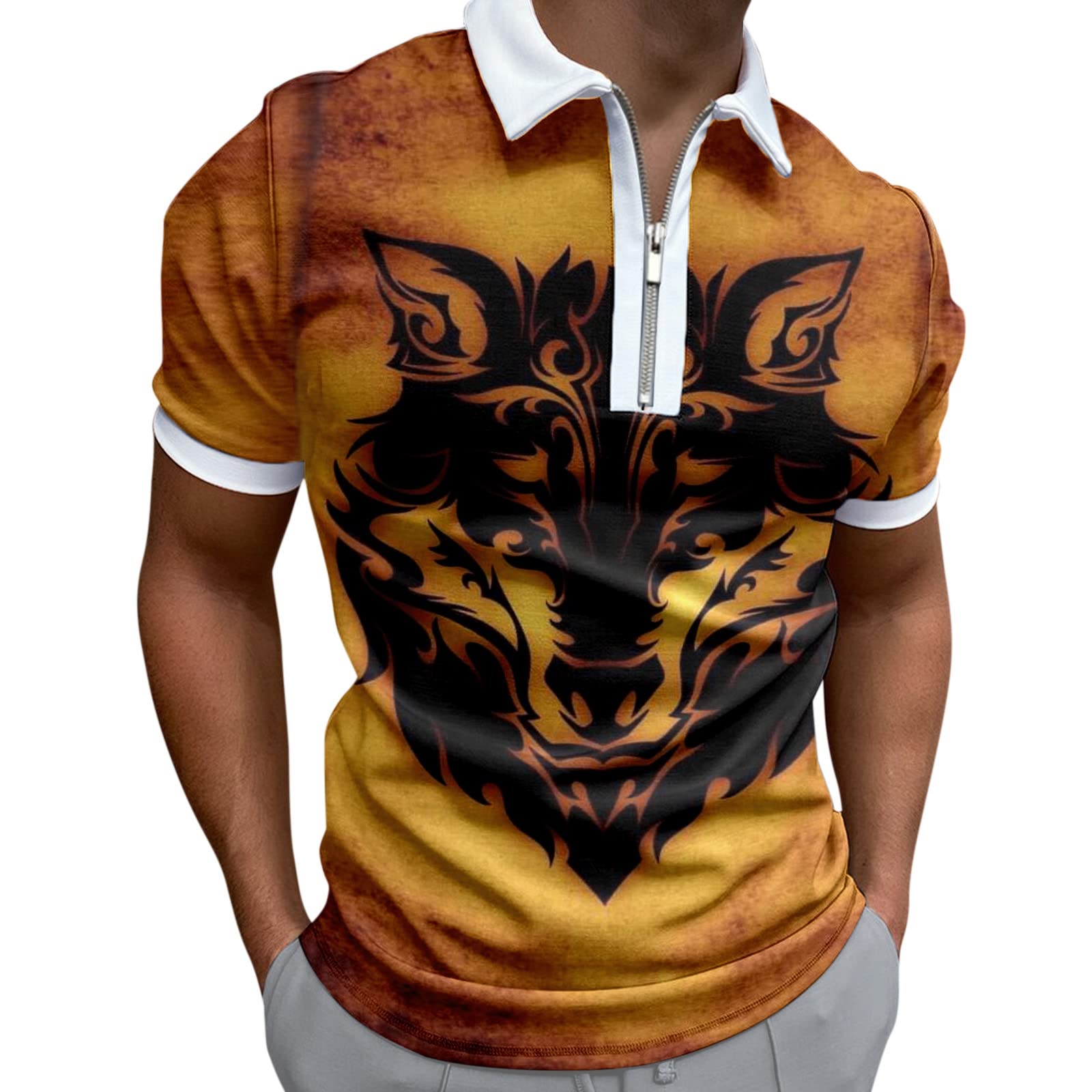 YIVISE Men's Classic Short Sleeve Golf Shirt - Slim Fit Zip Up Polo T-Shirt with Striped Tennis Graphic Print | Breathable Summer Casual Top for Golf, Tennis & Outdoor Activities
