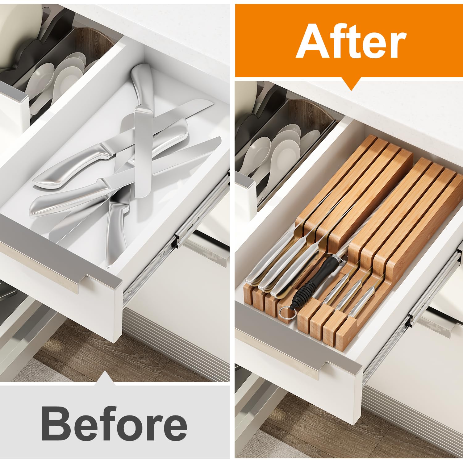 GHWIE Bamboo Knife Organizer for Drawer - 6 Slot Knife Storage Block, Rustic Brown Wooden Knife Holder - Keep Knives Sharp & Safe | Perfect for Kitchen Organization & Knife Protection