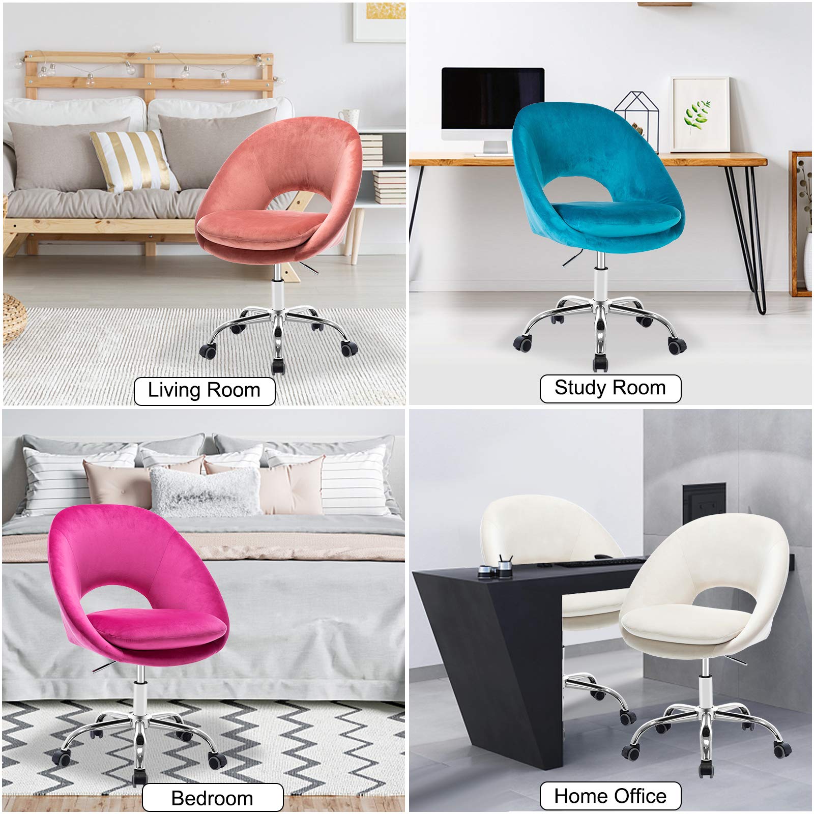 Velvet Desk Chair - Modern Ergonomic Office Chair with Adjustable Height, Swivel & Mid-Back Support for Home Office, Study & Workspace - Comfortable Computer Task Chair with Metal Base for Long Working Hours