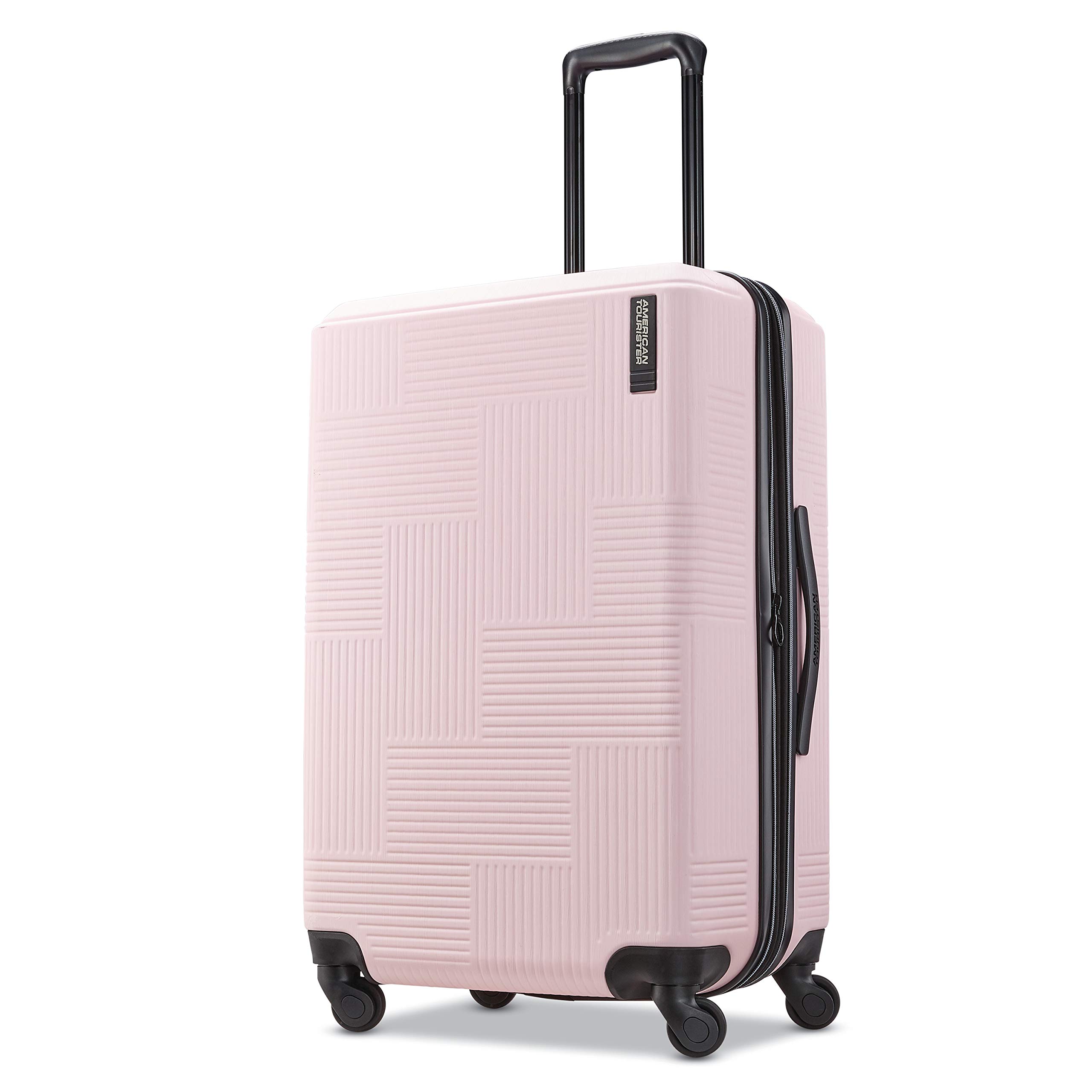 American Tourister Stratum XLT 24-Inch Expandable Hardside Luggage with 360° Spinner Wheels - Petal Pink Checked-Medium Suitcase for Travel, Business Trips & Family Vacations