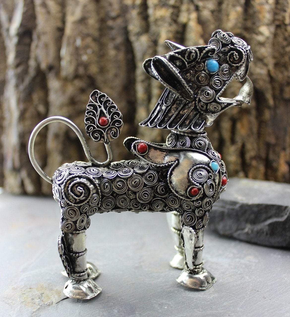 Handmade Metal Snow Lion Statue with Garuda Head - Tibetan Buddhist Decor for Home Altar & Meditation Space