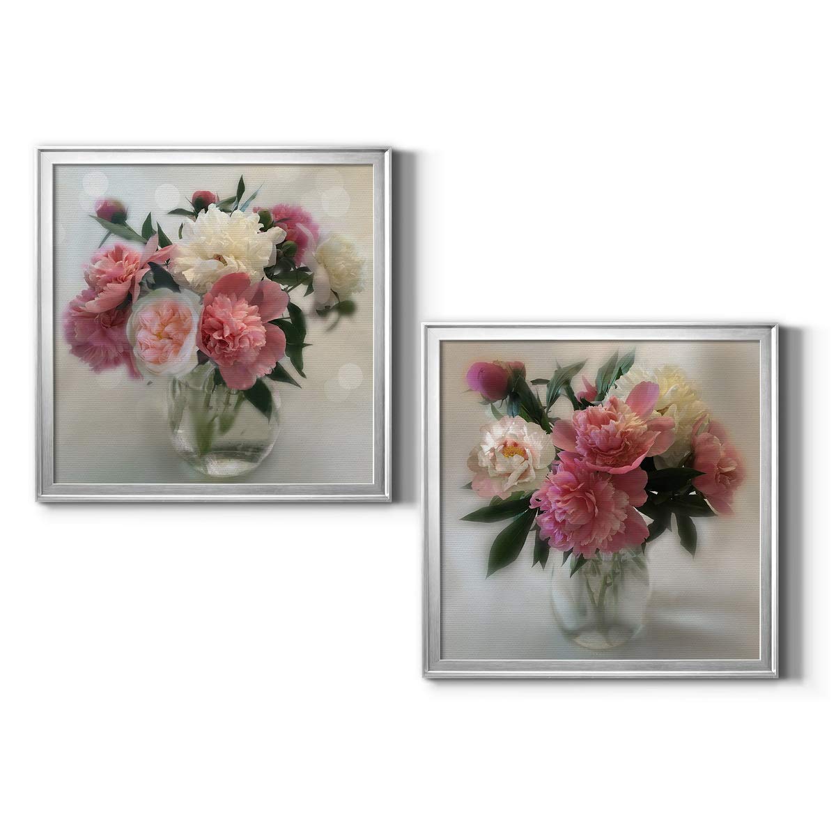 Peony Magic Canvas Wall Art - Modern Contemporary Rustic Romantic Industrial Wall Décor - Silver Framed Ready to Hang 34x34 Inches - Perfect for Living Room, Bedroom & Office Decor